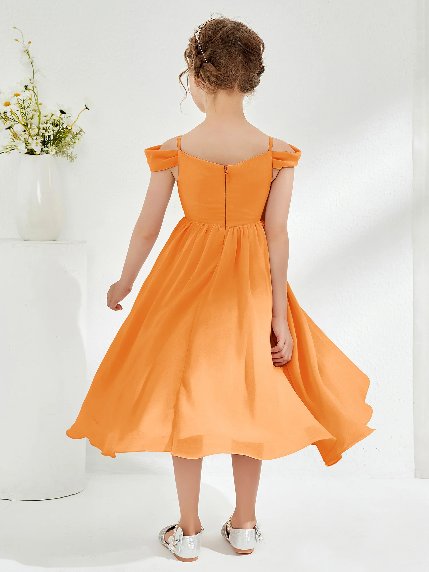 Off-the-shoulder Pleated Girl's Dress Orange - Image 2