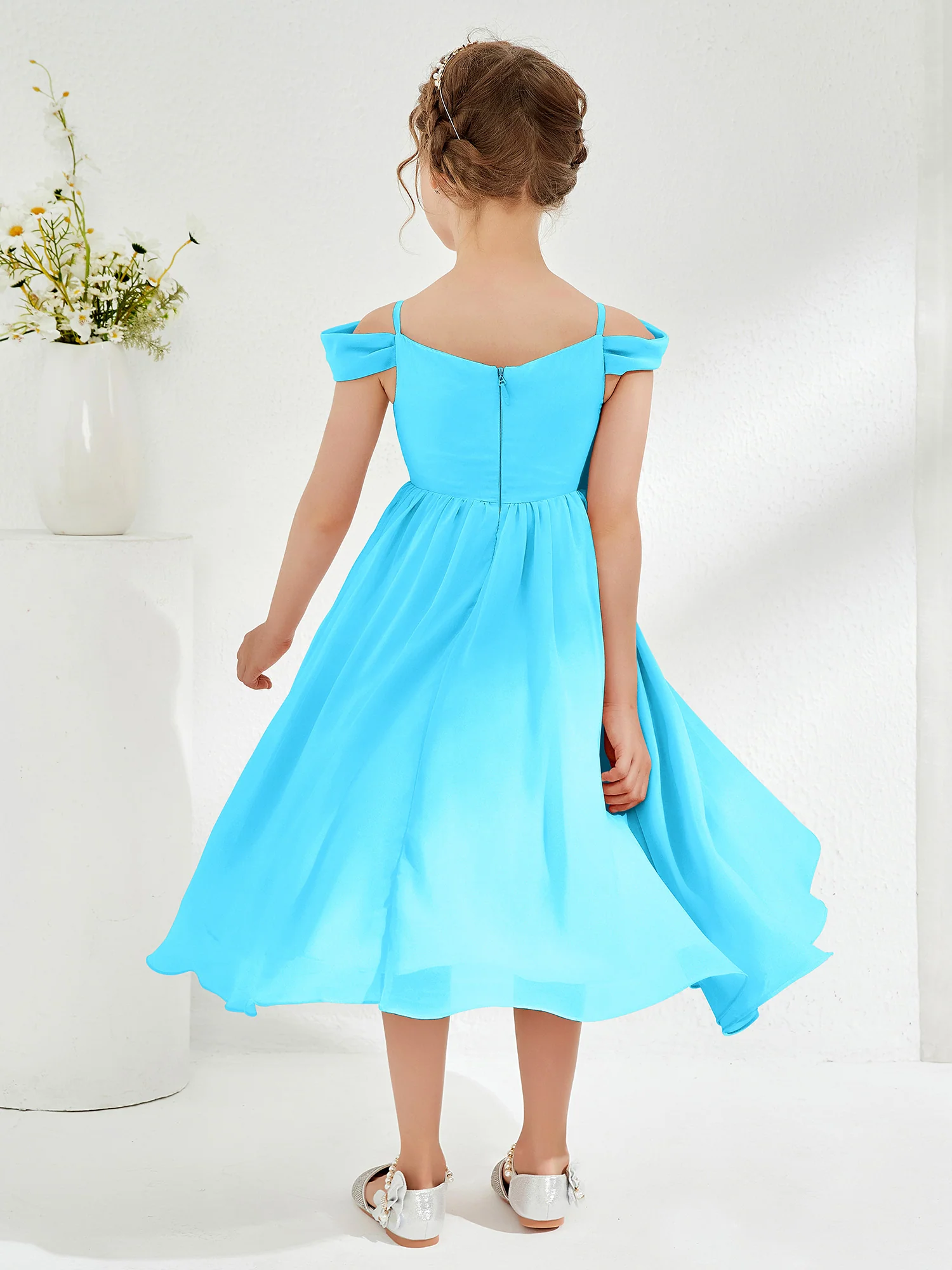 Off-the-shoulder Pleated Girl's Dress Pool - Image 2