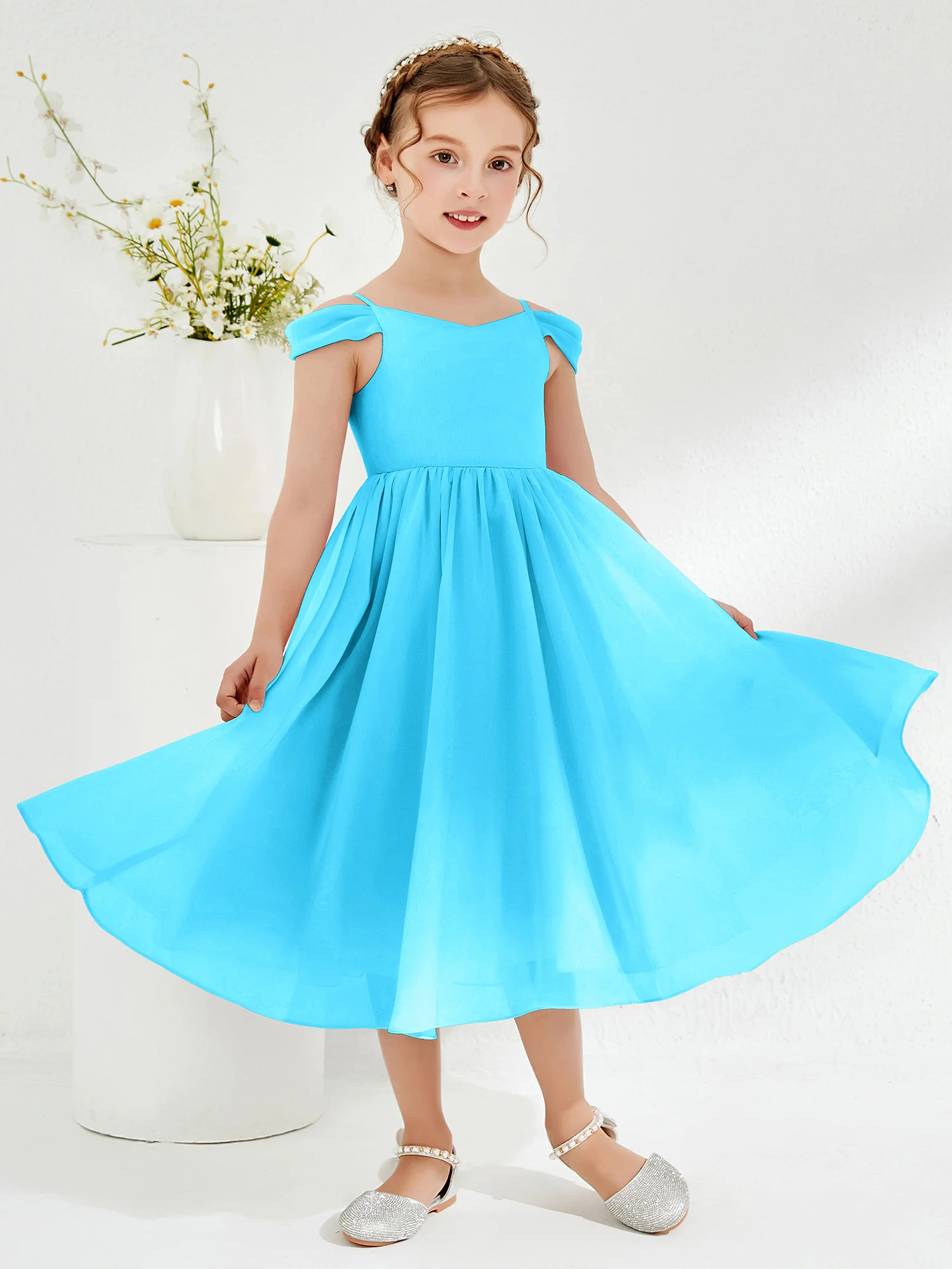 Off-the-shoulder Pleated Girl's Dress Pool - Image 3