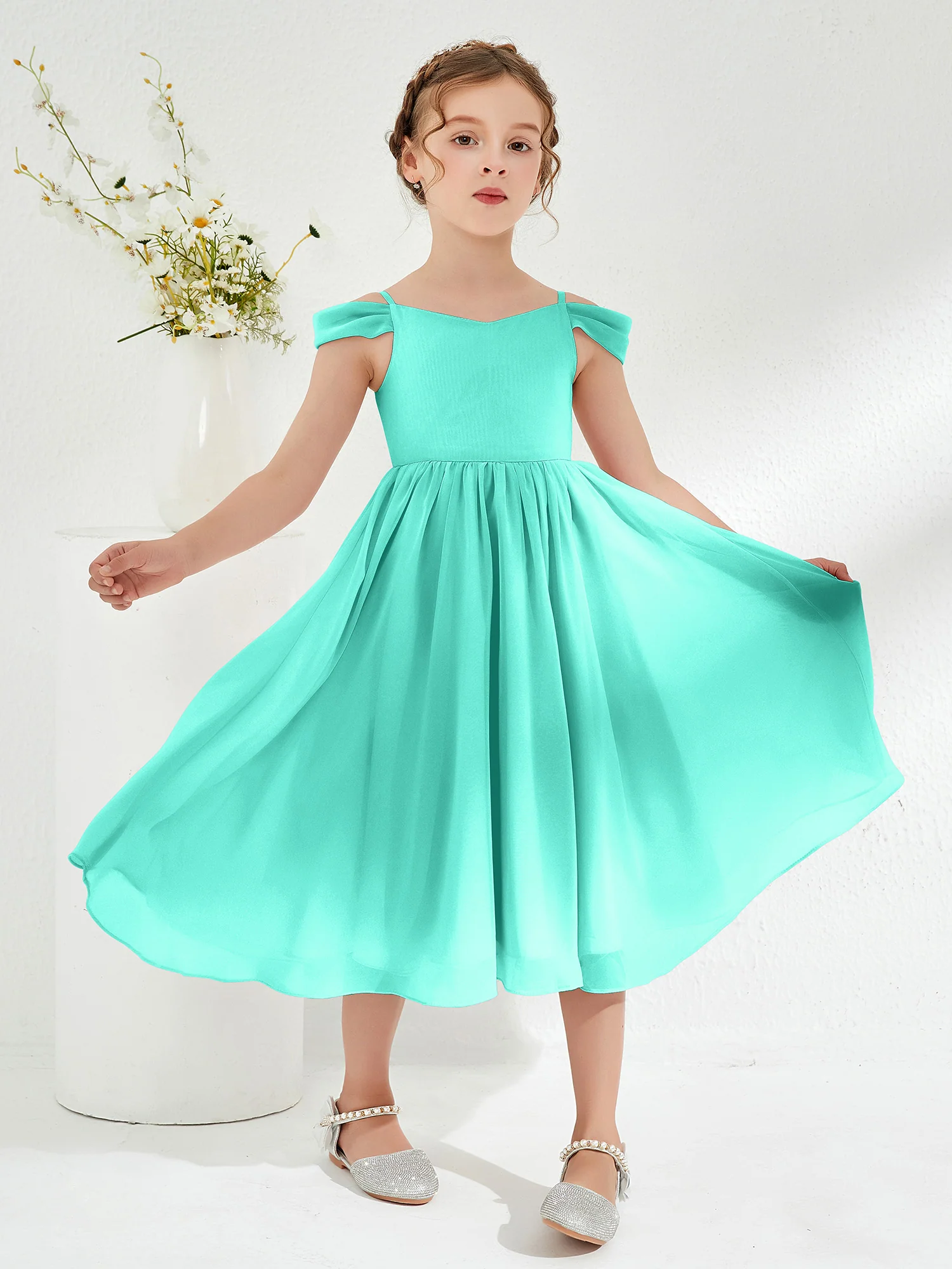 Off-the-shoulder Pleated Girl's Dress Spa