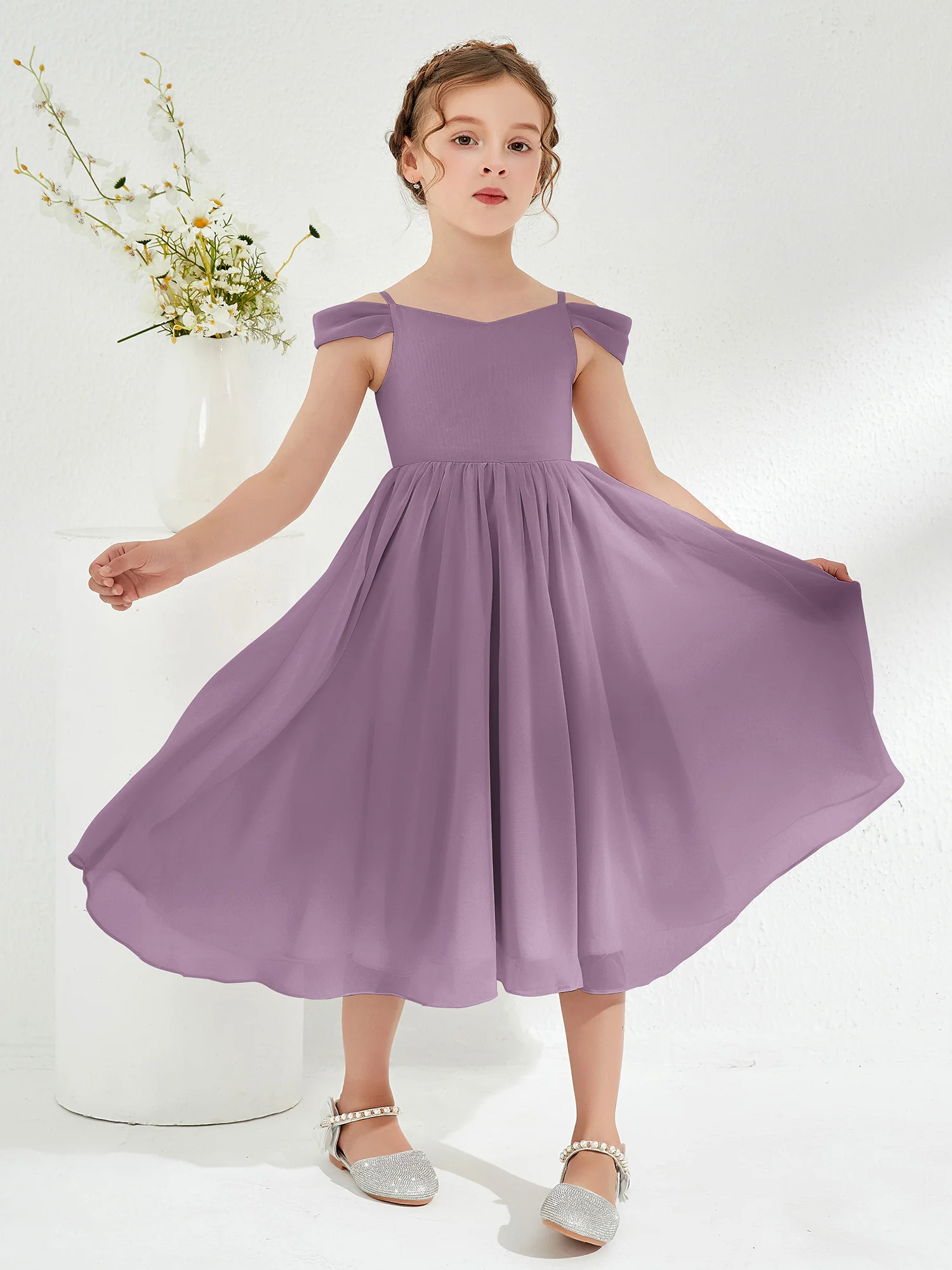 Off-the-shoulder Pleated Girl's Dress Wisteria