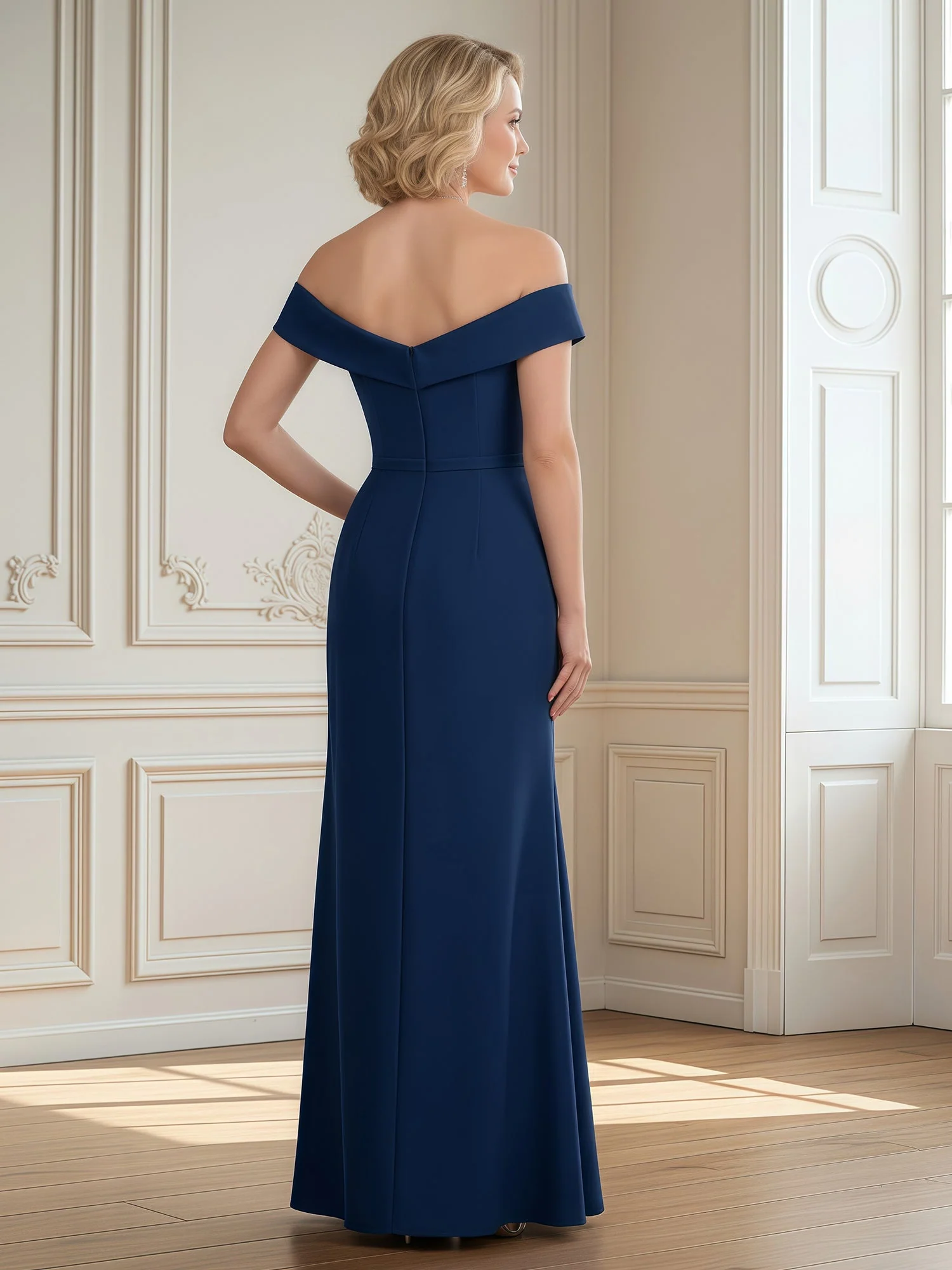 Off-the-Shoulder Pleated Sheath Long Dress With Slit Steel Grey - Image 2