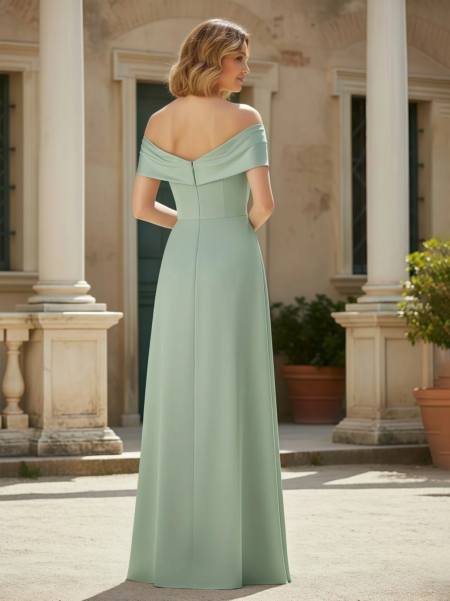 Off-the-Shoulder Pleated Stretch Satin Long Dress Dark Navy - Image 2