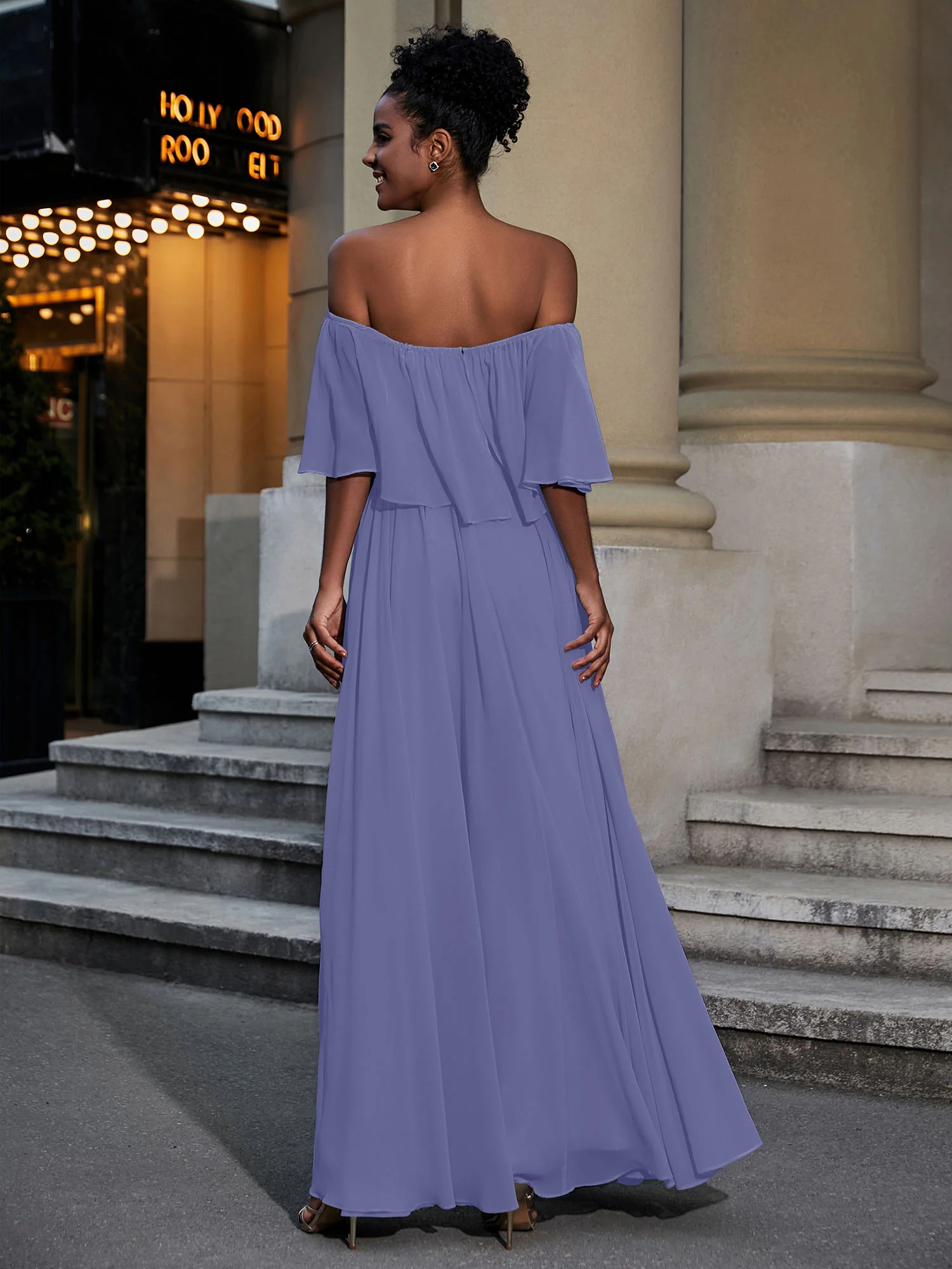 Off the Shoulder Ruffles Chiffon Maxi Dress-Periwinkle - Image 2