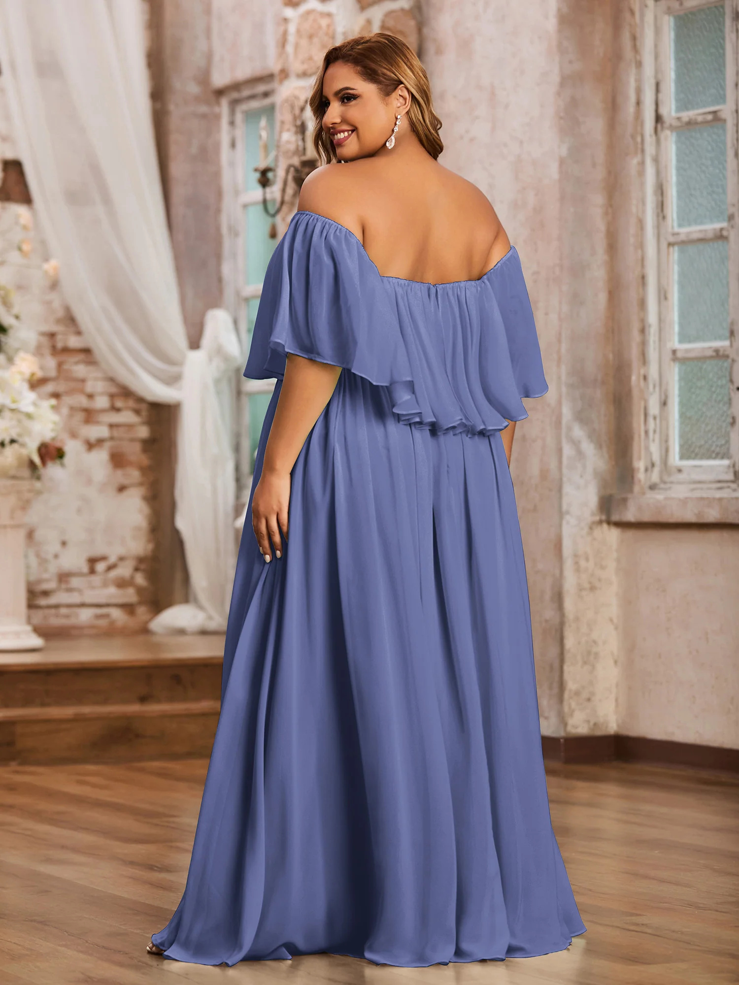 Off the Shoulder Ruffles Chiffon Maxi Dress-Periwinkle - Image 5