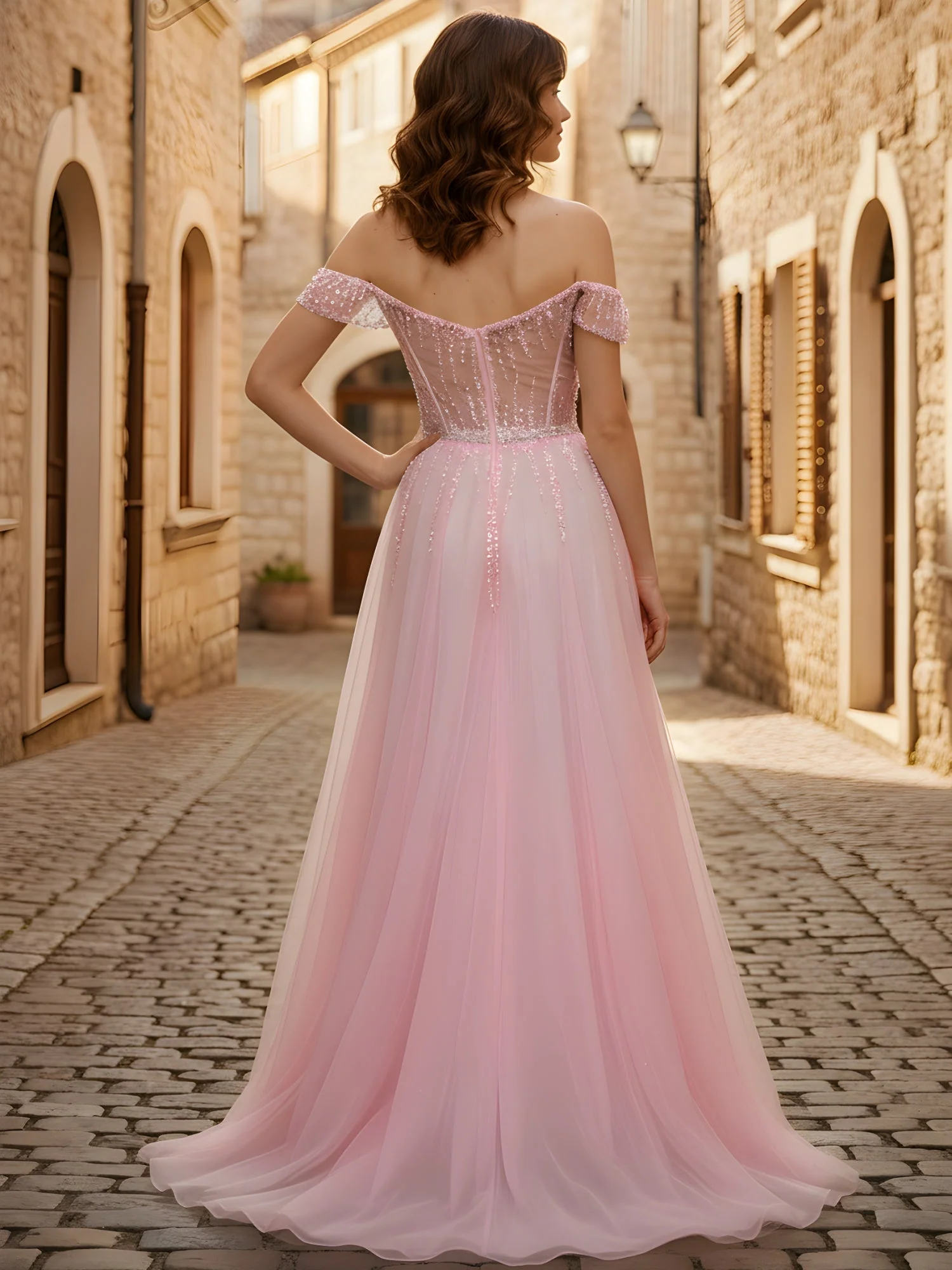 Off-the-shoulder Sequins A-Line Tulle Dress Burgundy - Image 2