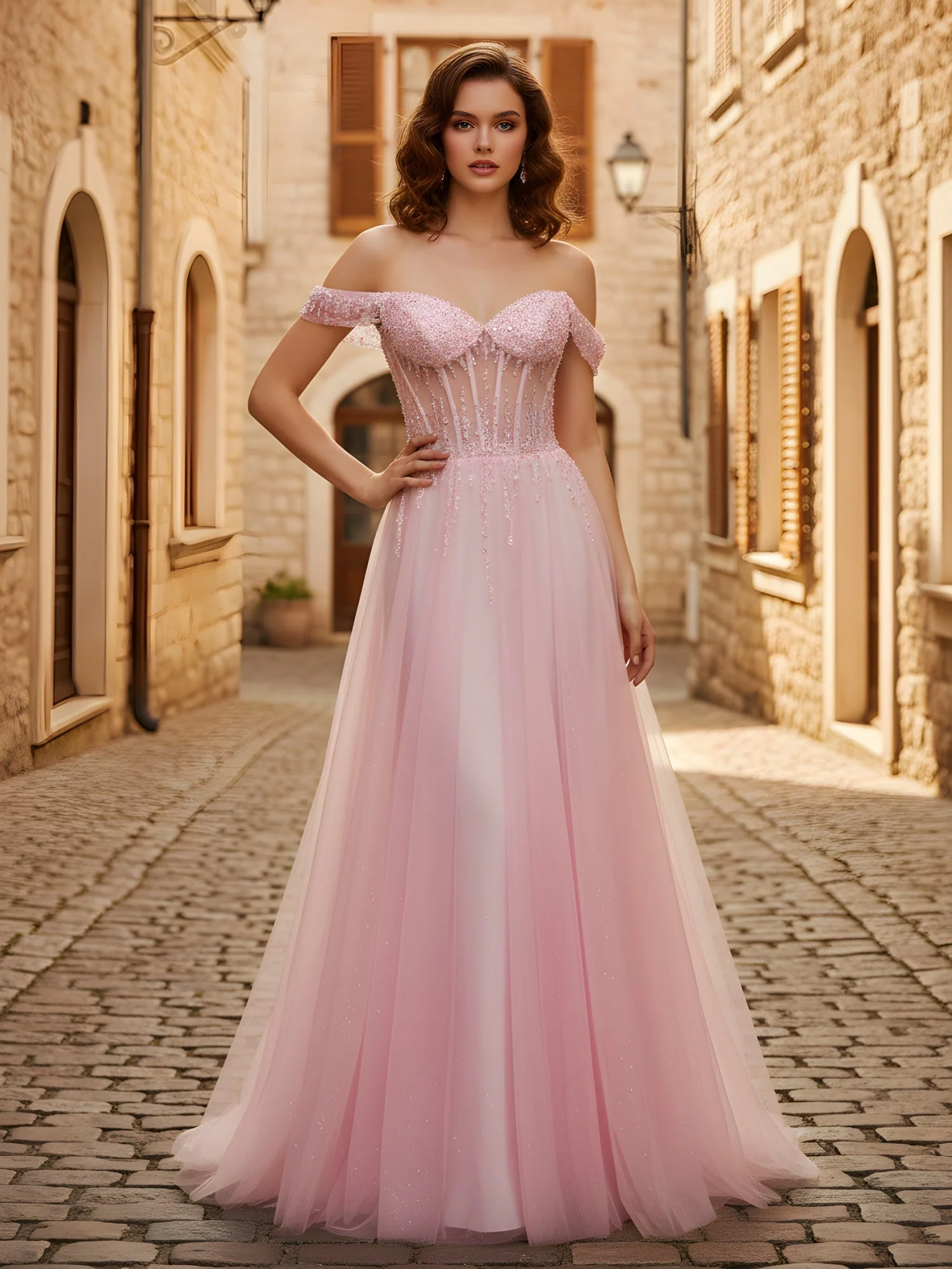 Off-the-shoulder Sequins A-Line Tulle Dress Green