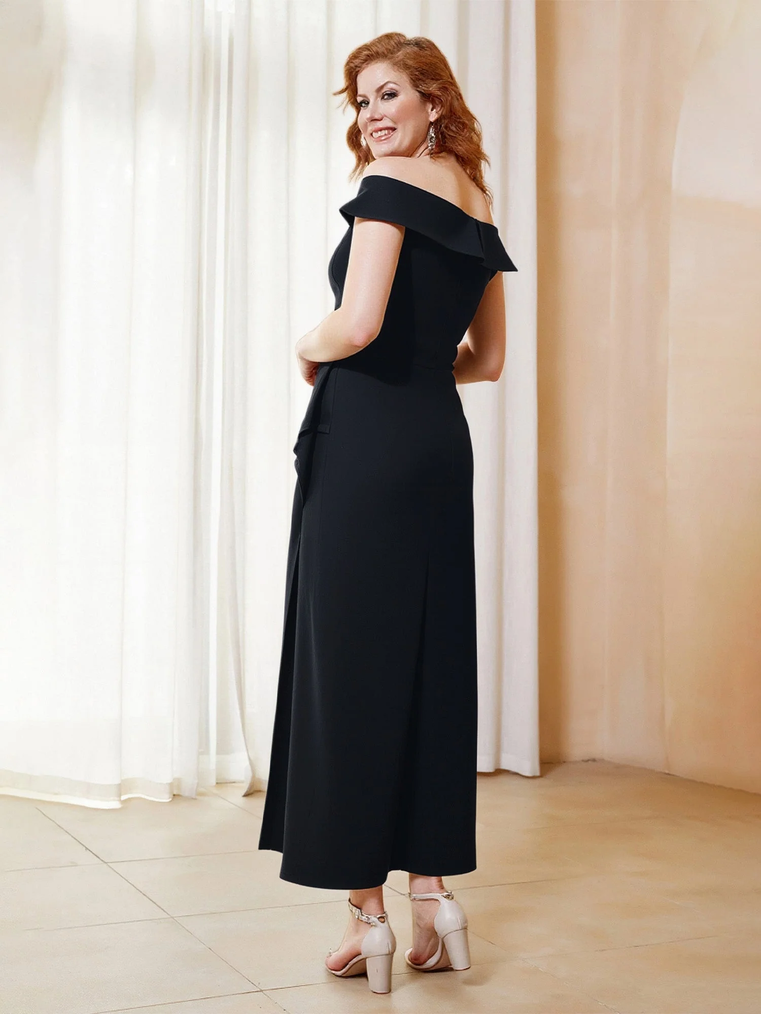 Off-the-Shoulder Sheath Asymmetrical Beaded Dress Peacock - Image 2