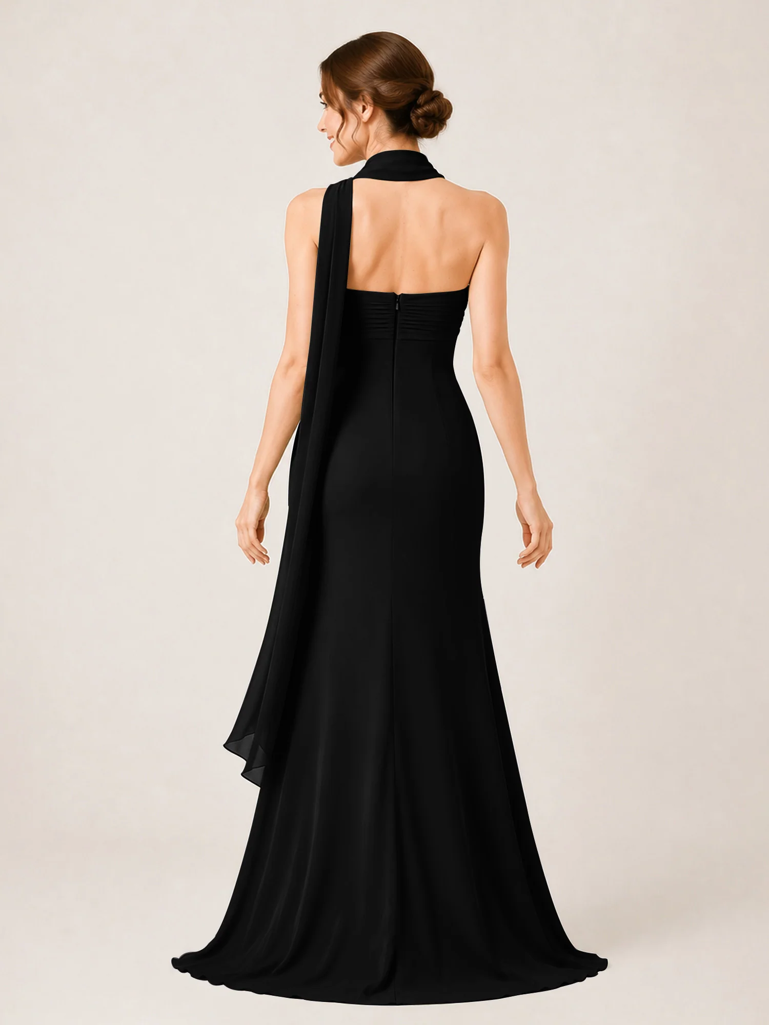 High-Slit Chiffon Maxi Dress Featuring Choker Neck Tie Black - Image 2
