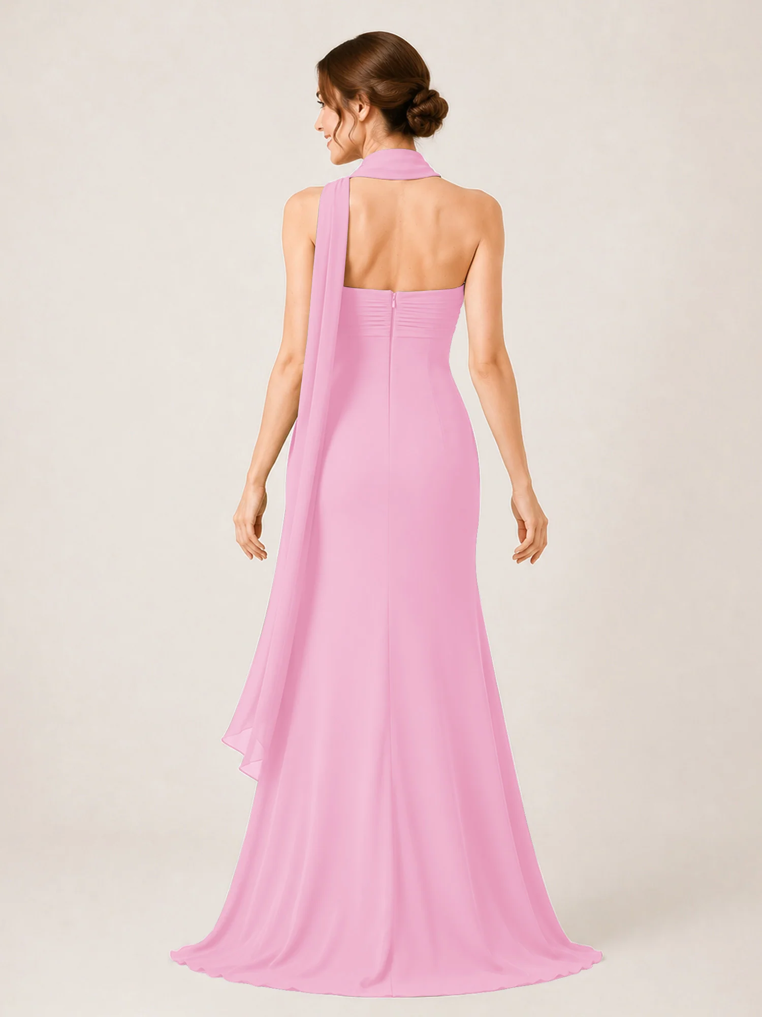 High-Slit Chiffon Maxi Dress Featuring Choker Neck Tie Candy Pink - Image 2