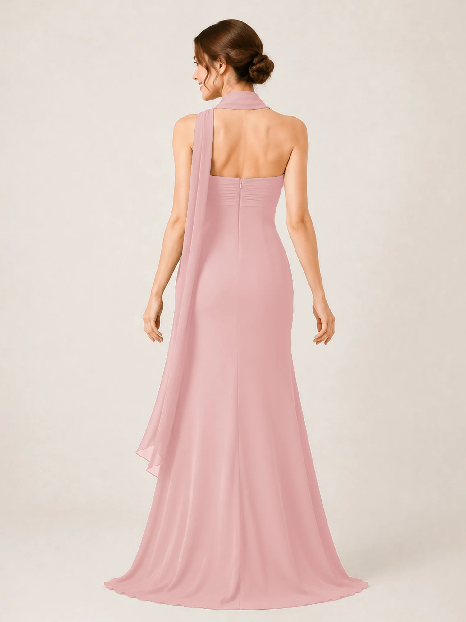 High-Slit Chiffon Maxi Dress Featuring Choker Neck Tie Dusty Rose - Image 2
