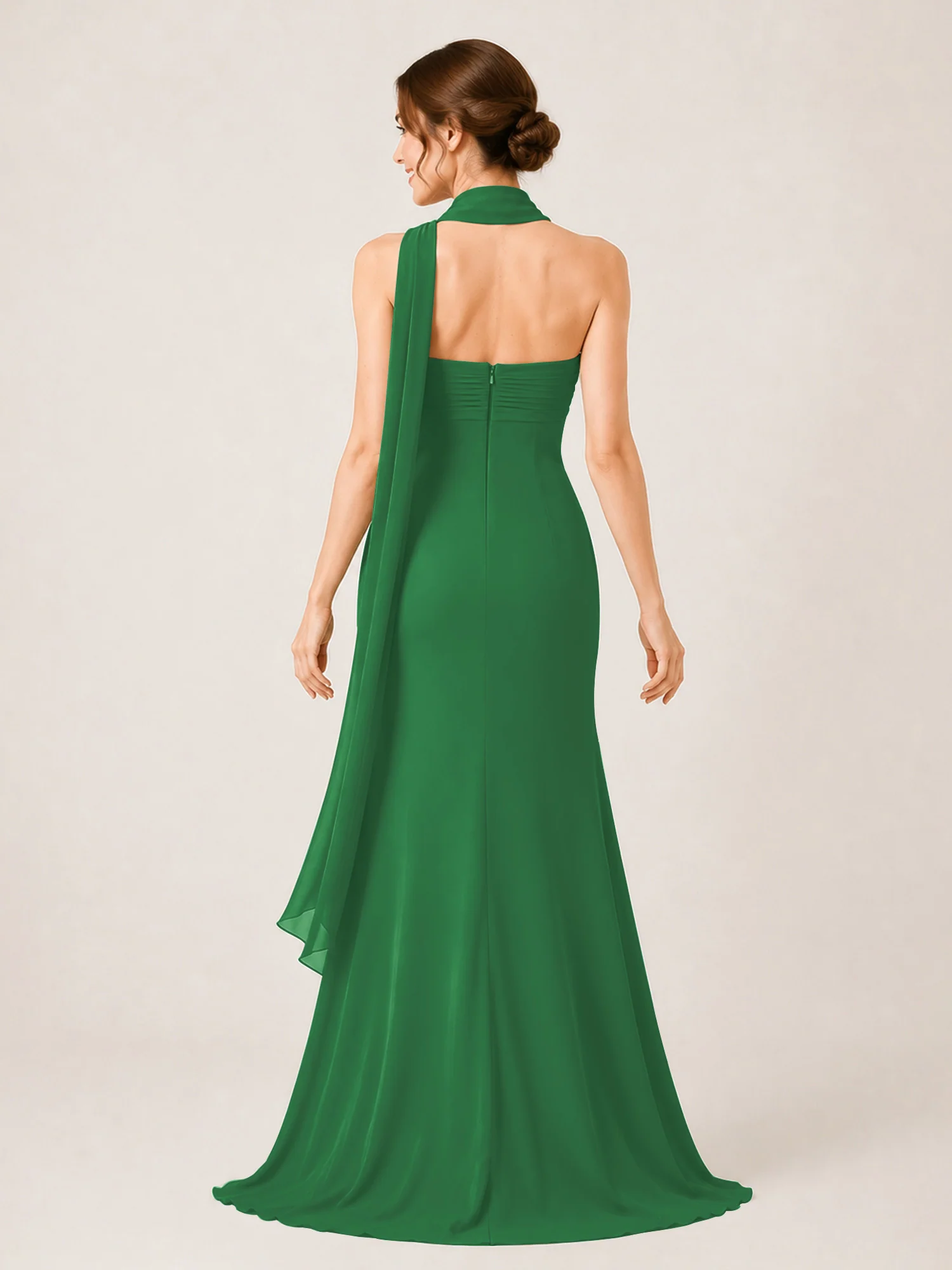 High-Slit Chiffon Maxi Dress Featuring Choker Neck Tie Emerald - Image 2