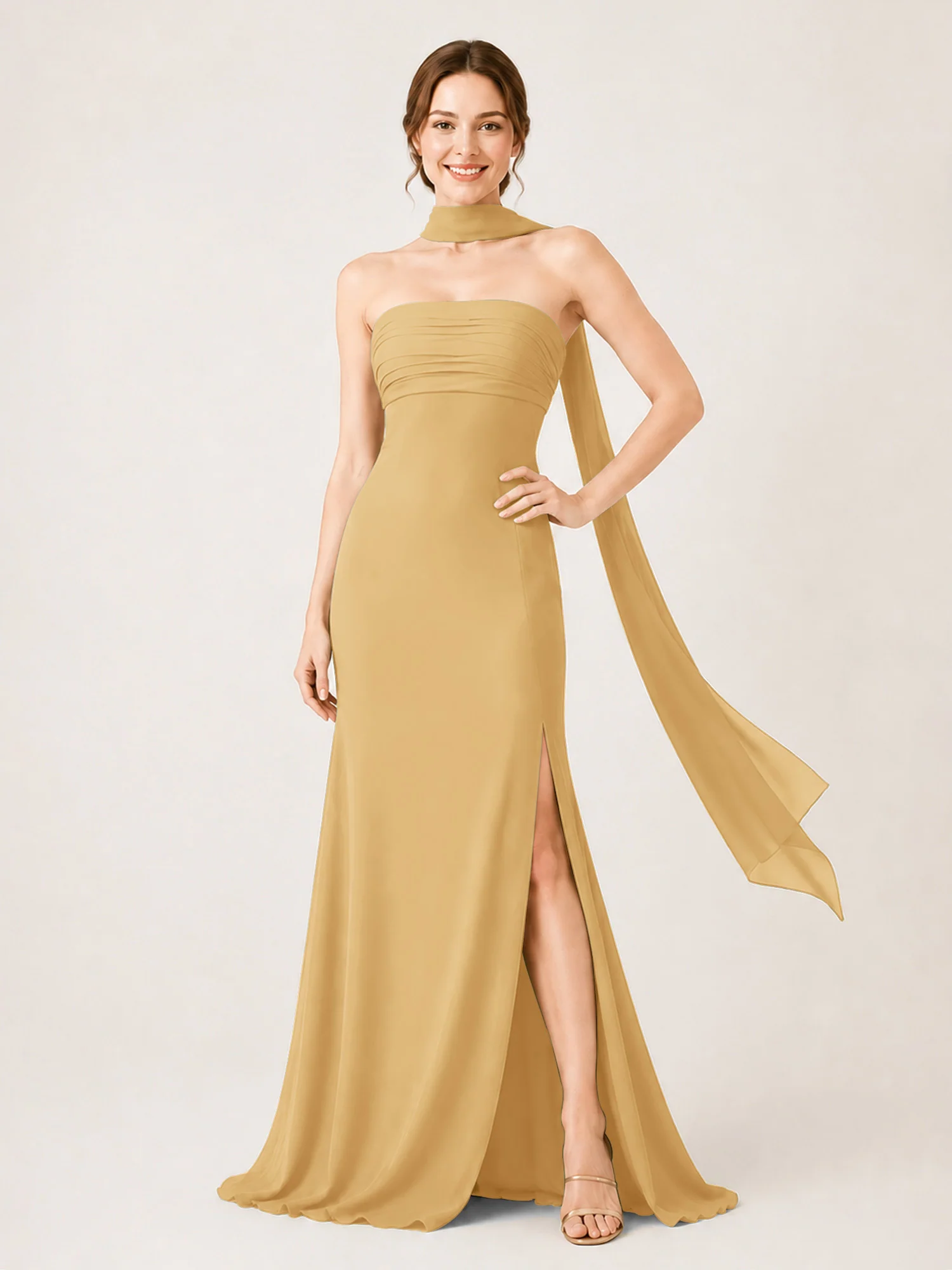 High-Slit Chiffon Maxi Dress Featuring Choker Neck Tie Gold