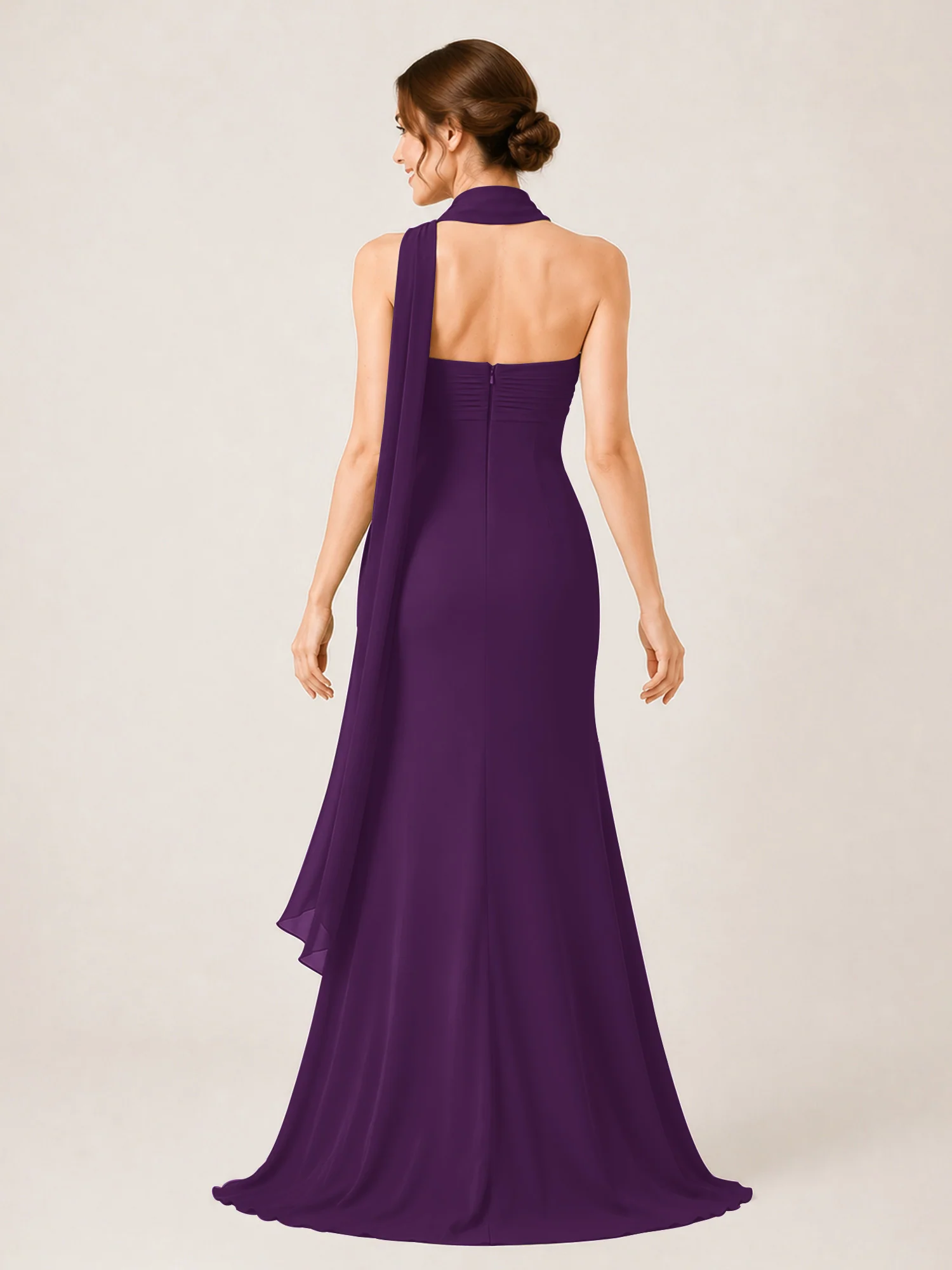 High-Slit Chiffon Maxi Dress Featuring Choker Neck Tie Grape - Image 2