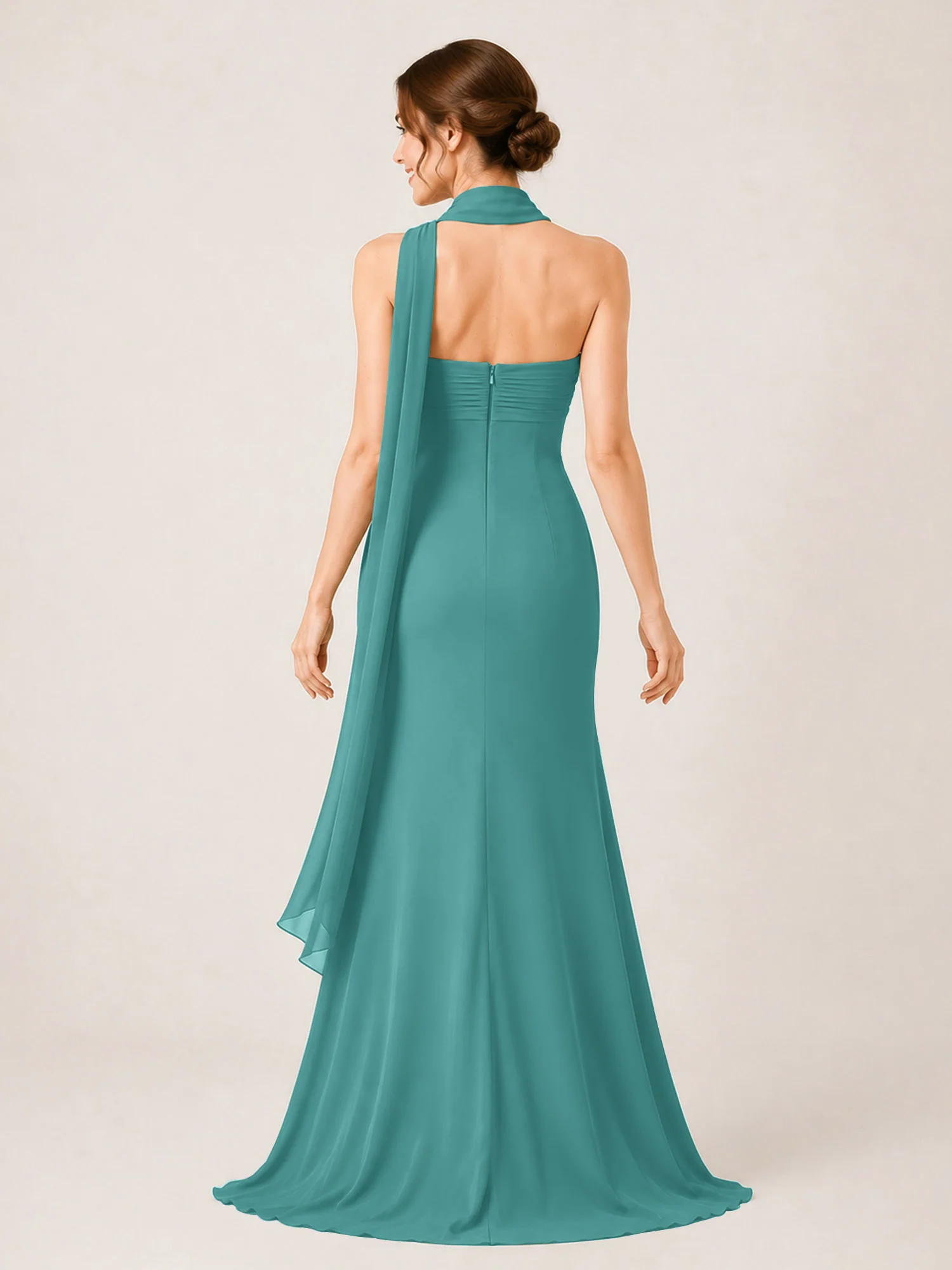 High-Slit Chiffon Maxi Dress Featuring Choker Neck Tie Jade - Image 2
