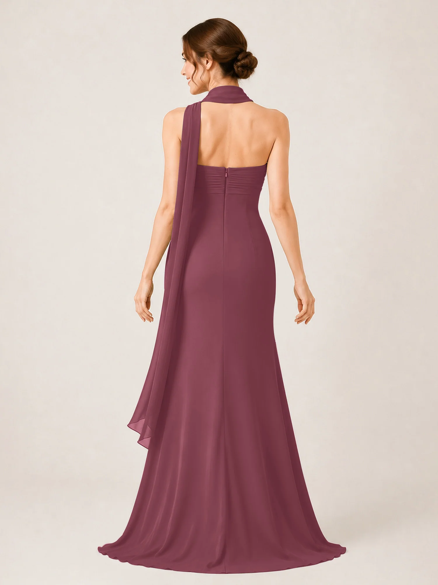High-Slit Chiffon Maxi Dress Featuring Choker Neck Tie Mulberry - Image 2