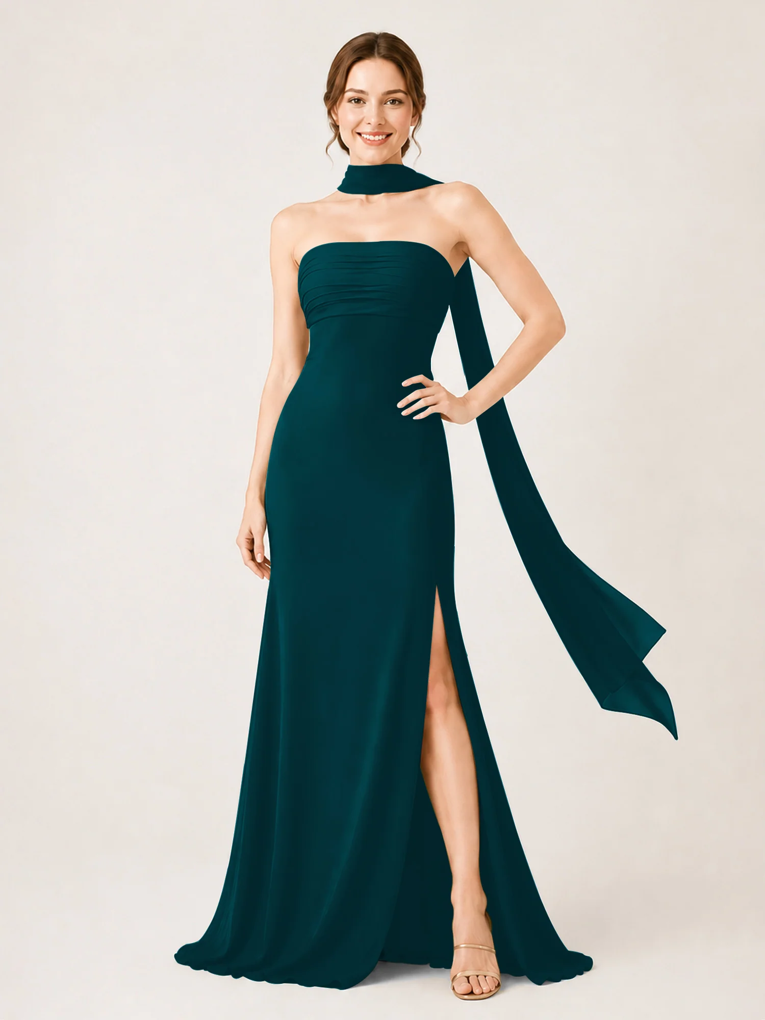 High-Slit Chiffon Maxi Dress Featuring Choker Neck Tie Pine