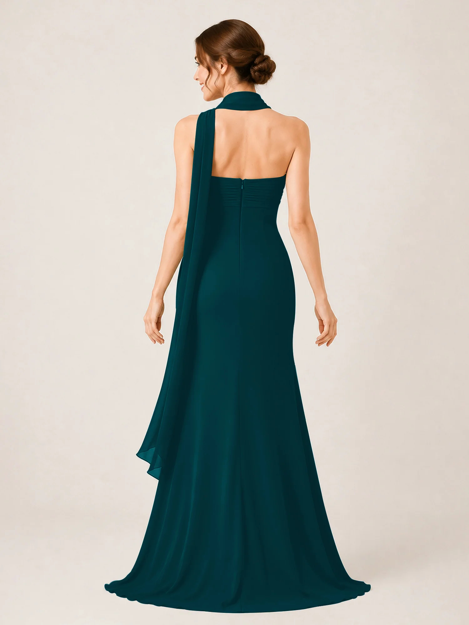 High-Slit Chiffon Maxi Dress Featuring Choker Neck Tie Pine - Image 2