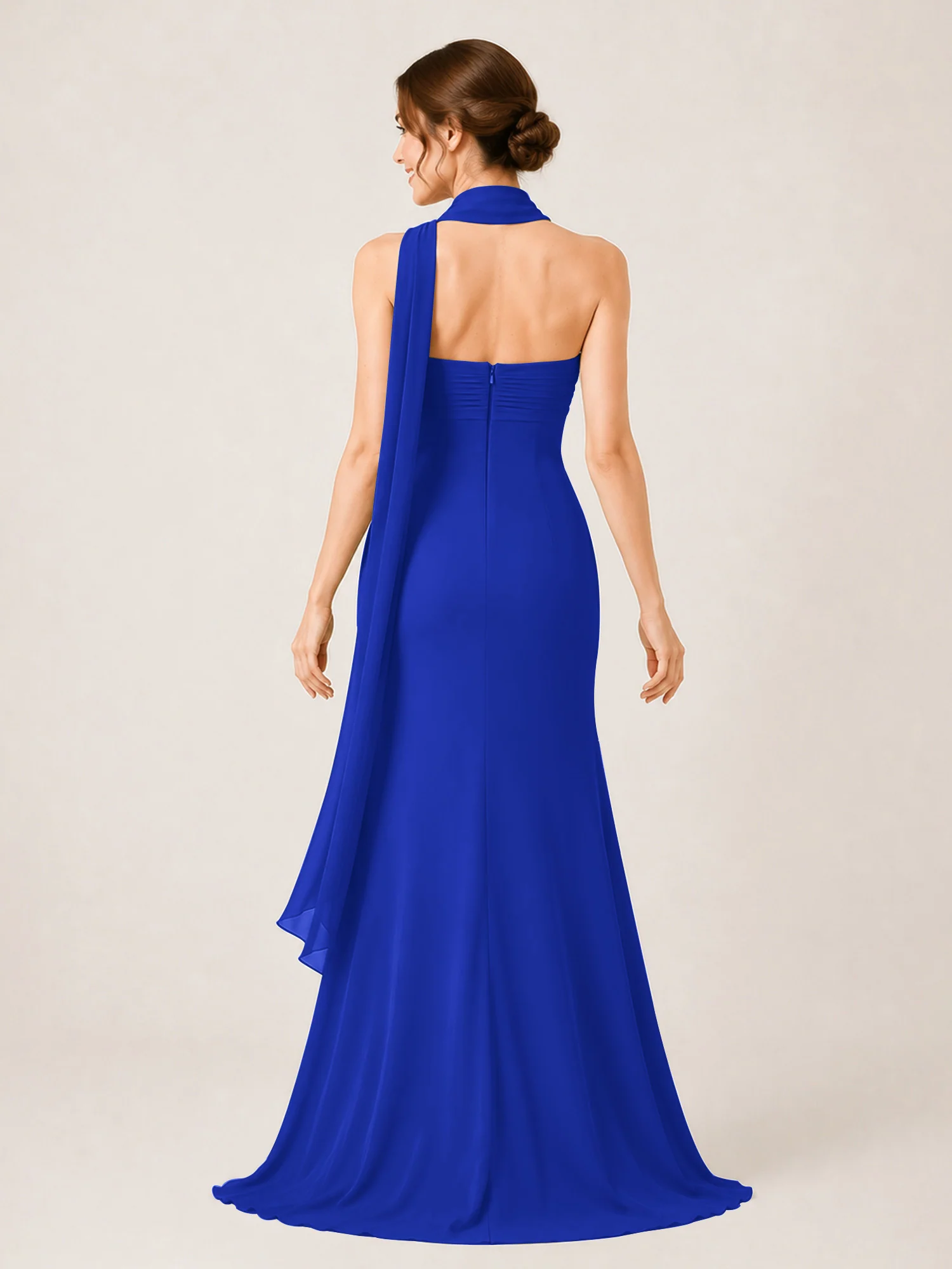 High-Slit Chiffon Maxi Dress Featuring Choker Neck Tie Royal Blue - Image 2
