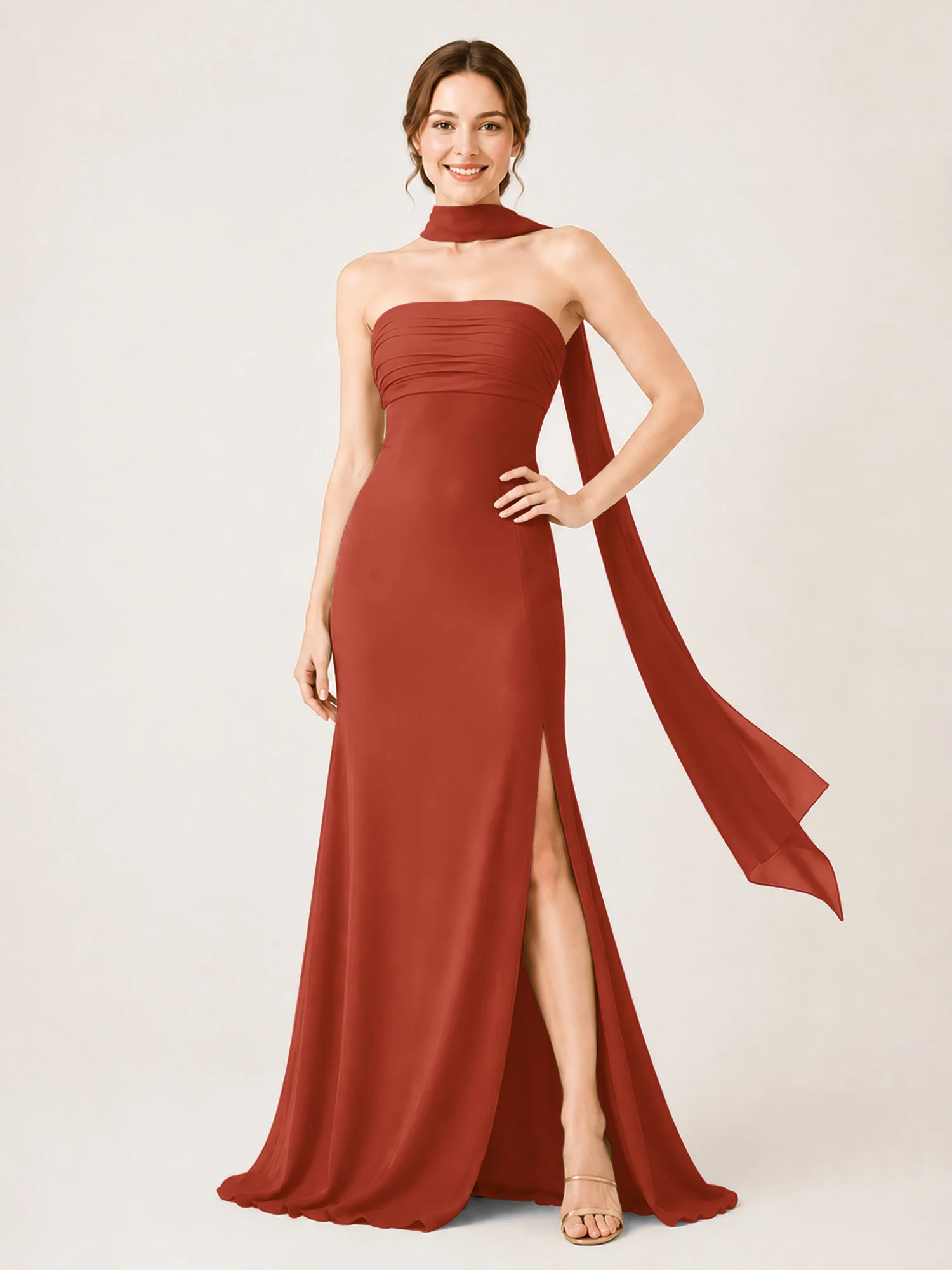 High-Slit Chiffon Maxi Dress Featuring Choker Neck Tie Rust