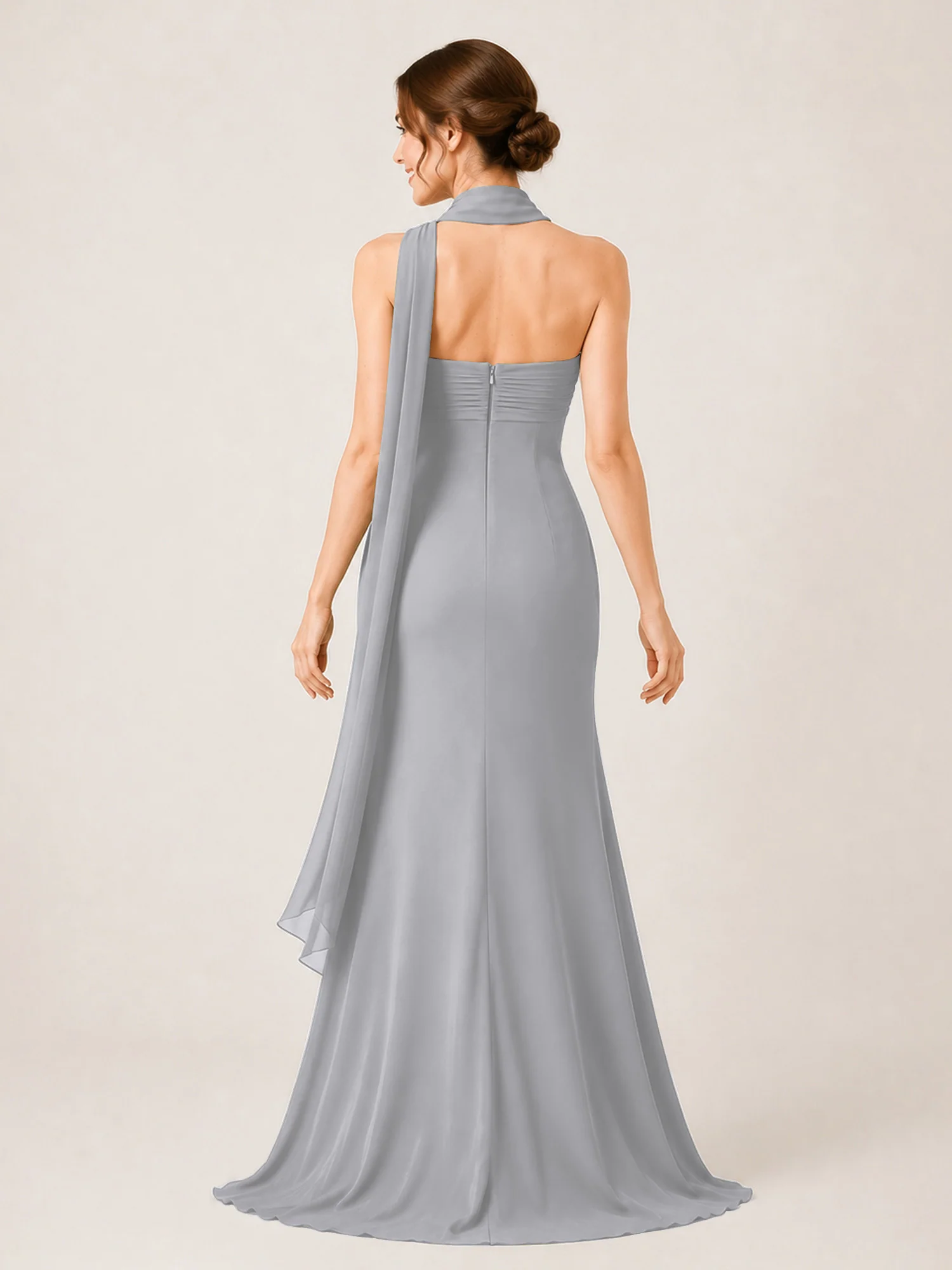 High-Slit Chiffon Maxi Dress Featuring Choker Neck Tie Silver - Image 2