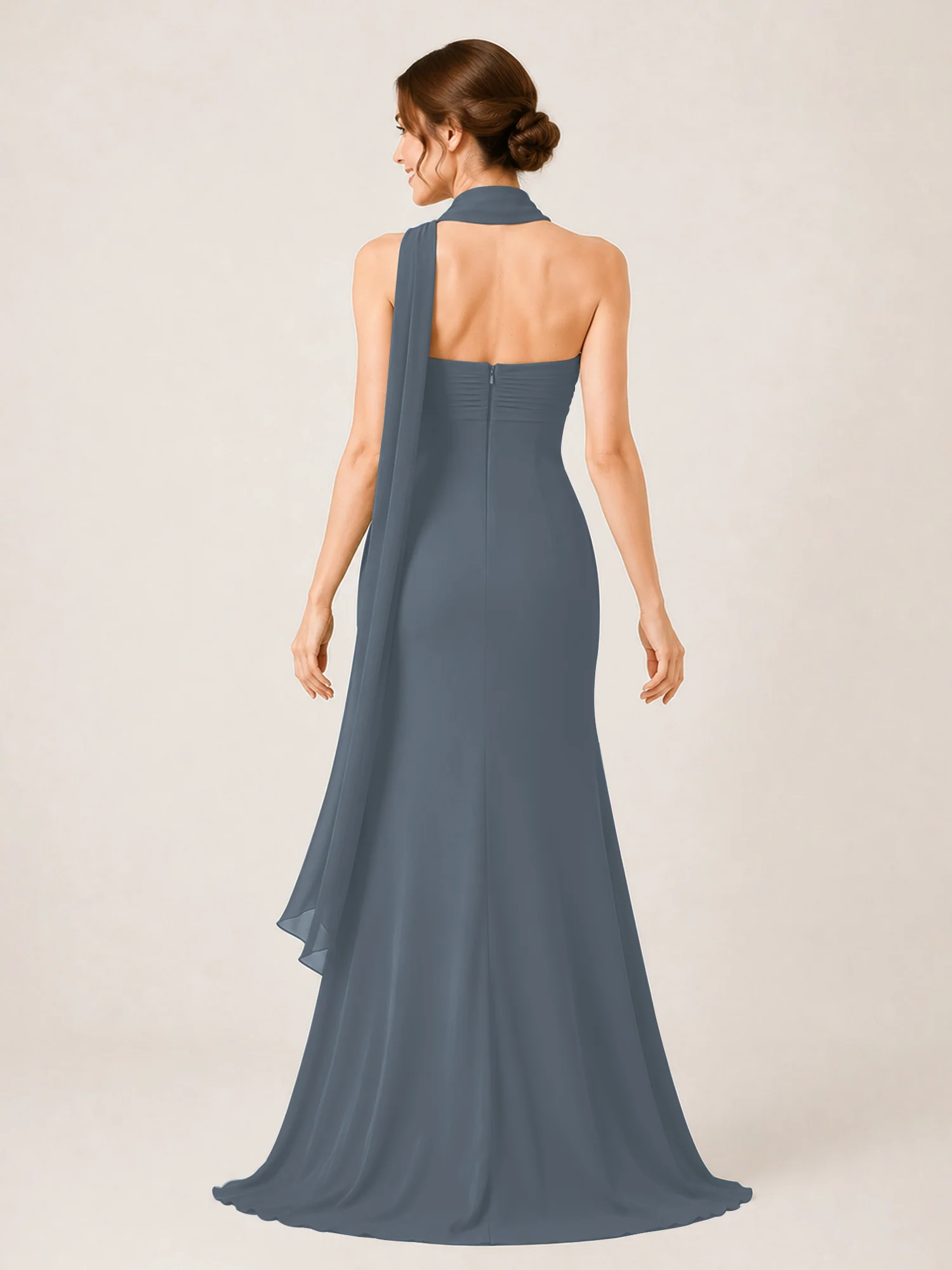 High-Slit Chiffon Maxi Dress Featuring Choker Neck Tie Slate Blue - Image 2