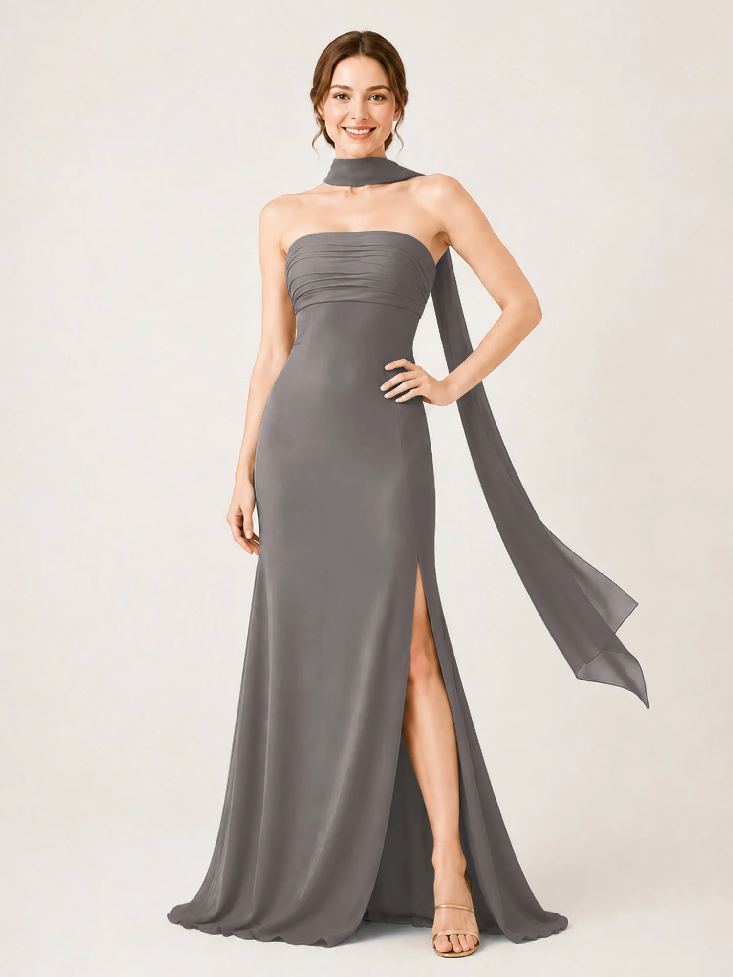 High-Slit Chiffon Maxi Dress Featuring Choker Neck Tie Steel Grey