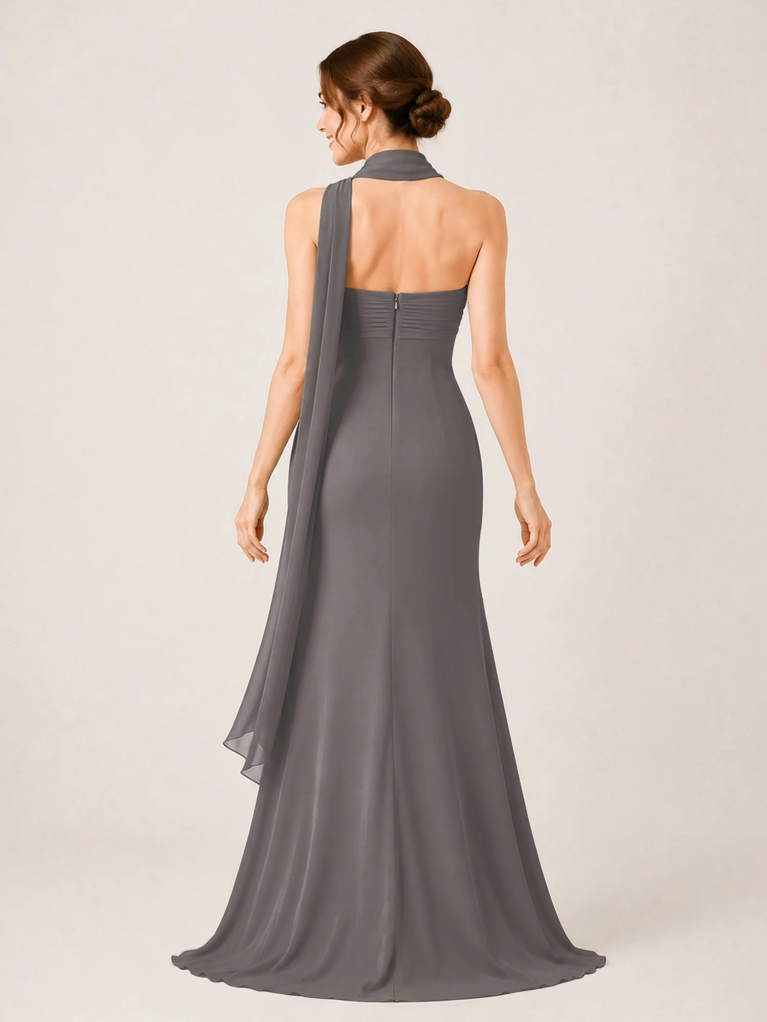 High-Slit Chiffon Maxi Dress Featuring Choker Neck Tie Steel Grey - Image 2