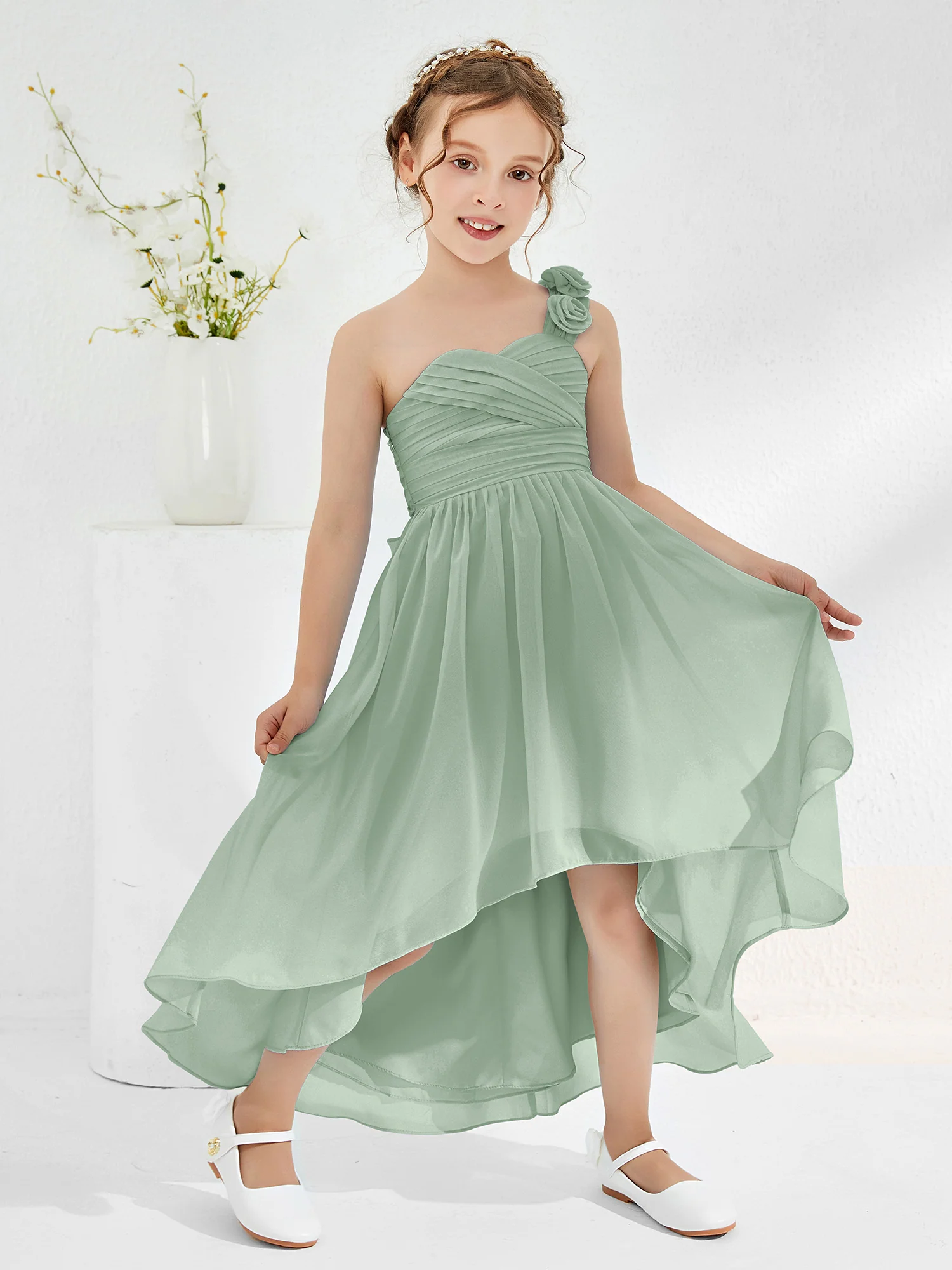 One Flower Shoulder Asymmetrical Junior Bridesmaid Dresses Agave - Image 3