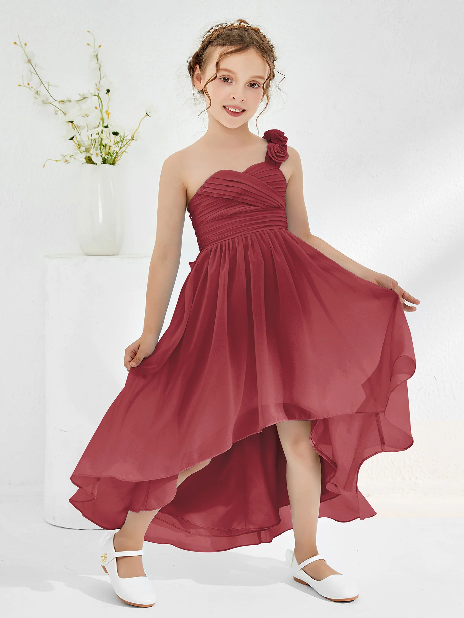 One Flower Shoulder Asymmetrical Junior Bridesmaid Dresses Cinnamon Rose - Image 3