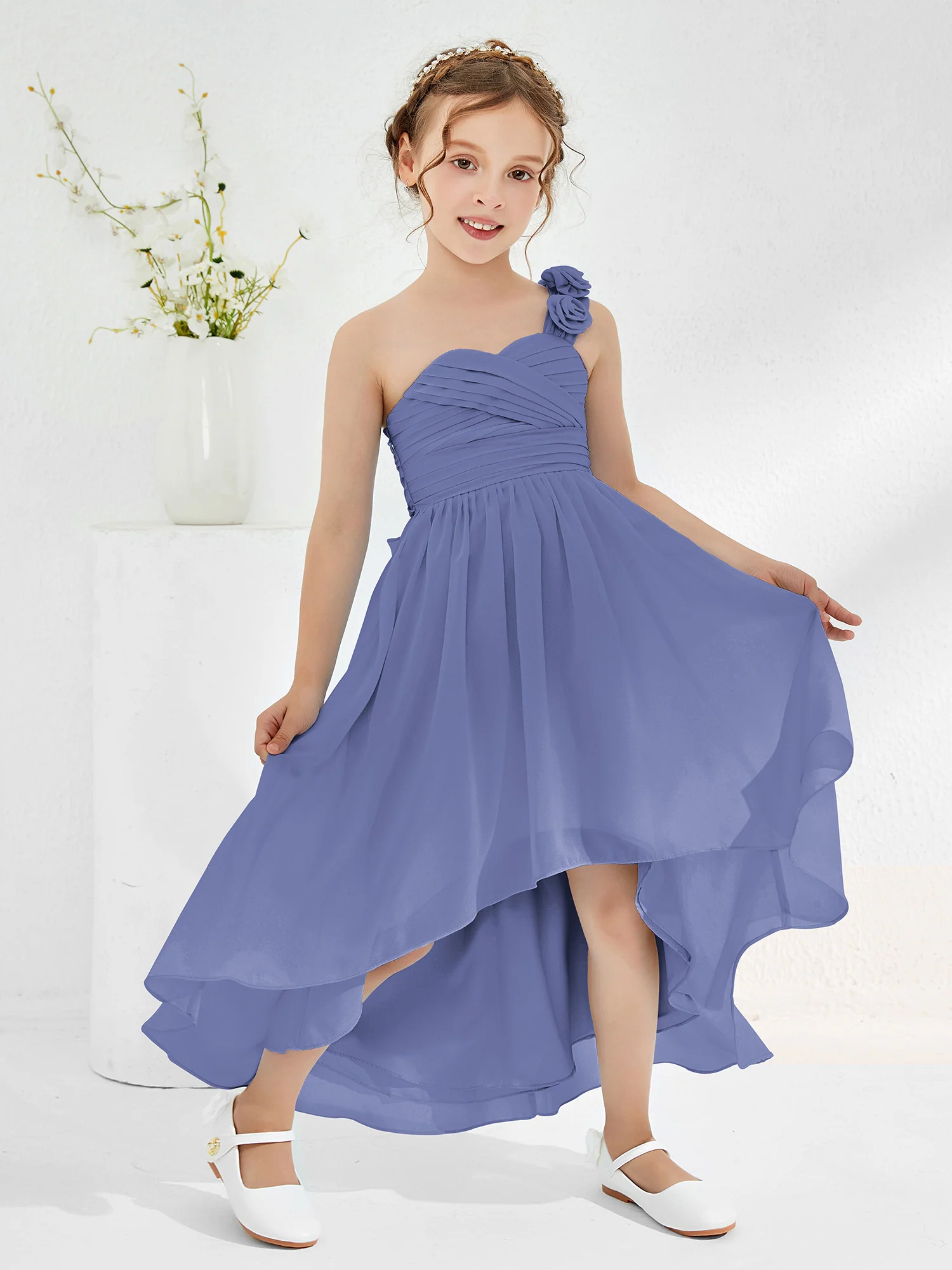 One Flower Shoulder Asymmetrical Junior Bridesmaid Dresses Periwinkle - Image 3