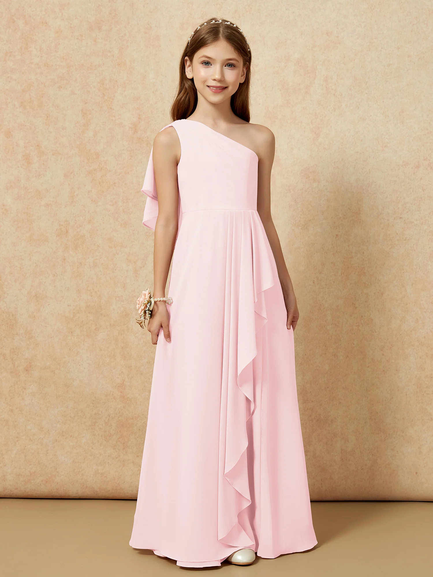 One Sholder A-line Long Chiffon Junior Bridesmaid Dress Blushing Pink - Image 4