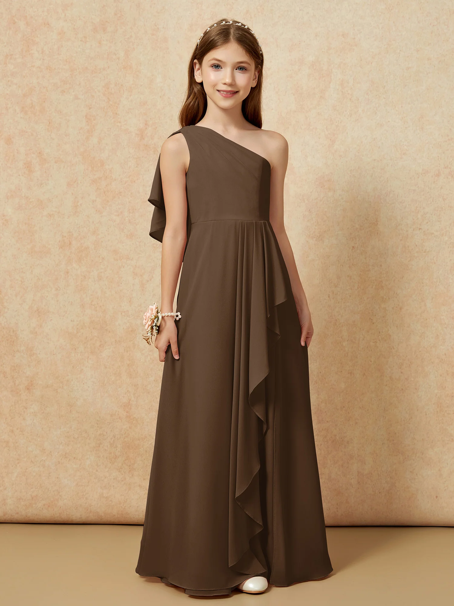One Sholder A-line Long Chiffon Junior Bridesmaid Dress Brown - Image 4
