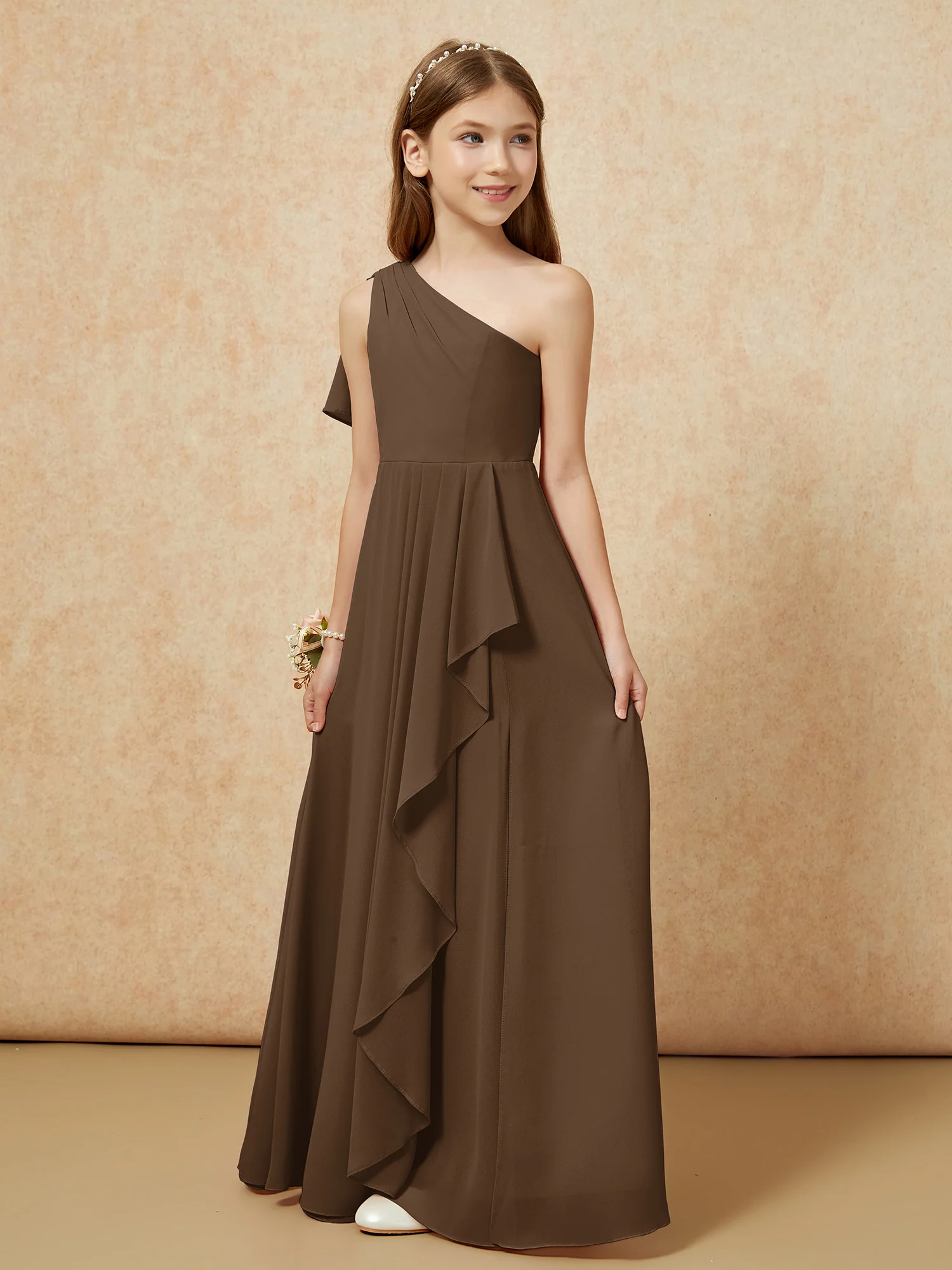 One Sholder A-line Long Chiffon Junior Bridesmaid Dress Brown - Image 5