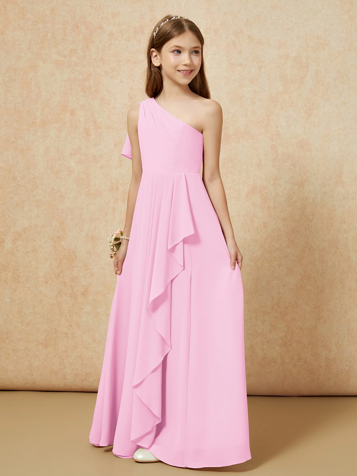 One Sholder A-line Long Chiffon Junior Bridesmaid Dress Candy Pink - Image 5