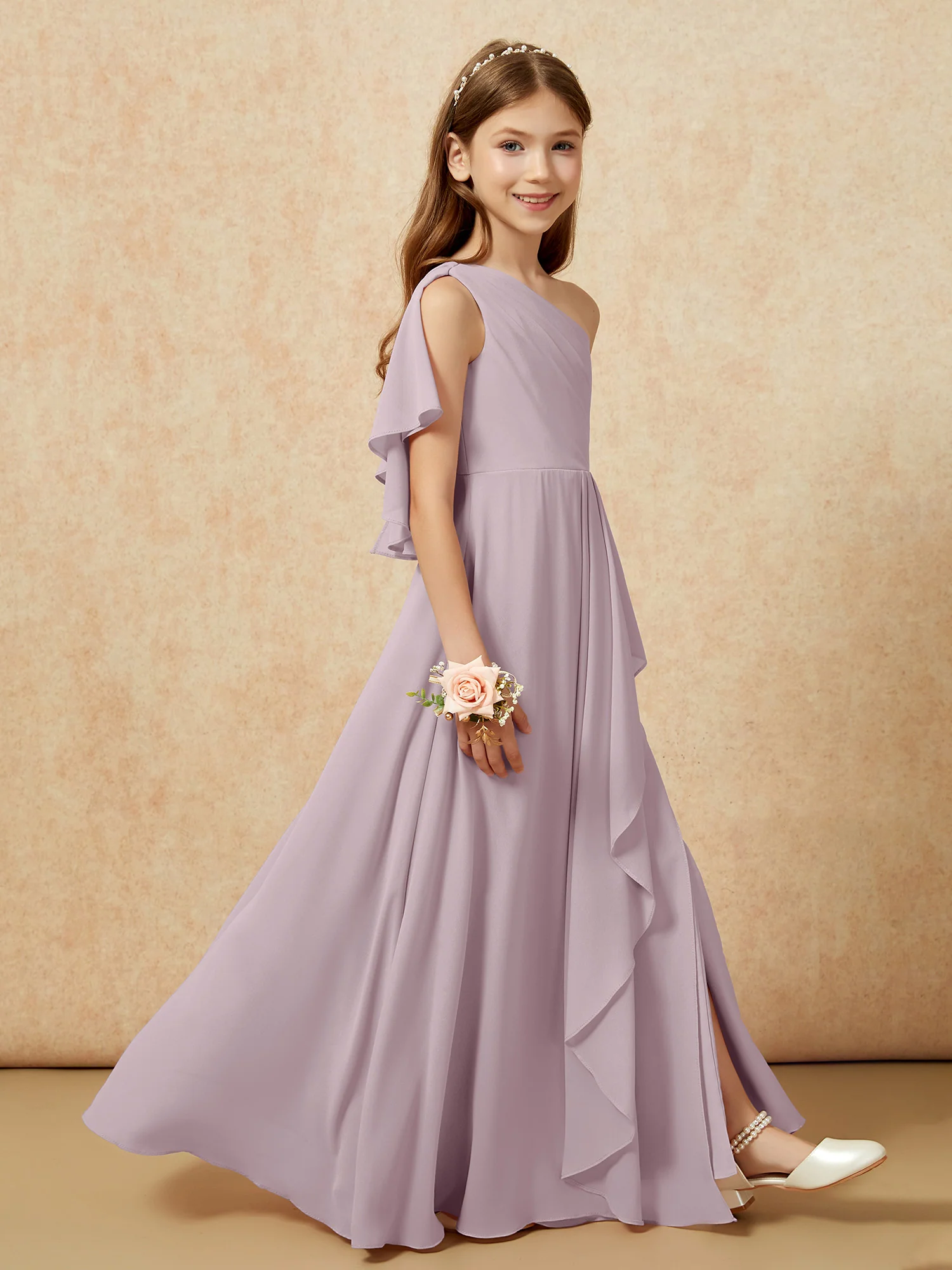 One Sholder A-line Long Chiffon Junior Bridesmaid Dress Dusk - Image 6
