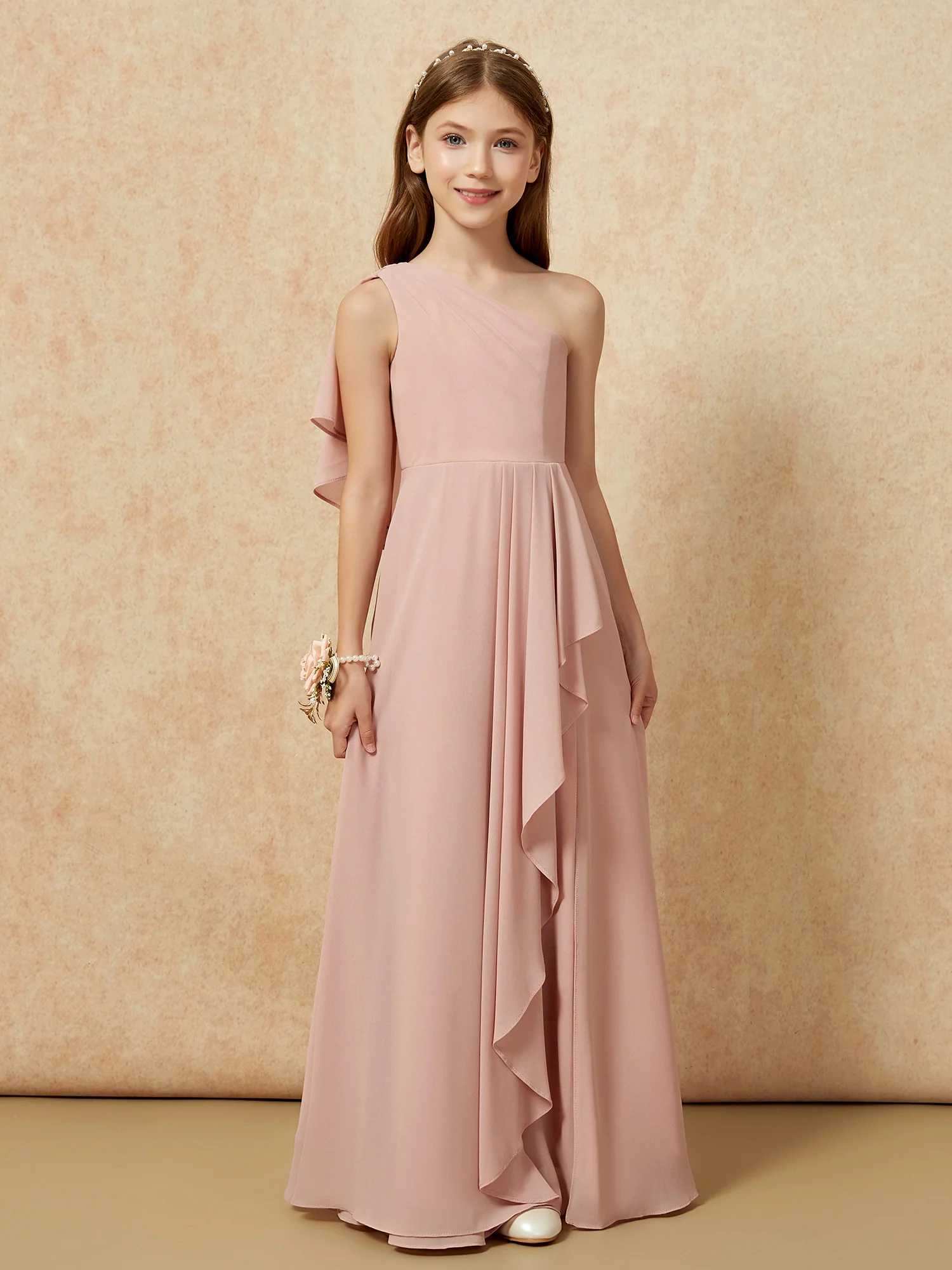 One Sholder A-line Long Chiffon Junior Bridesmaid Dress Dusty Rose - Image 4