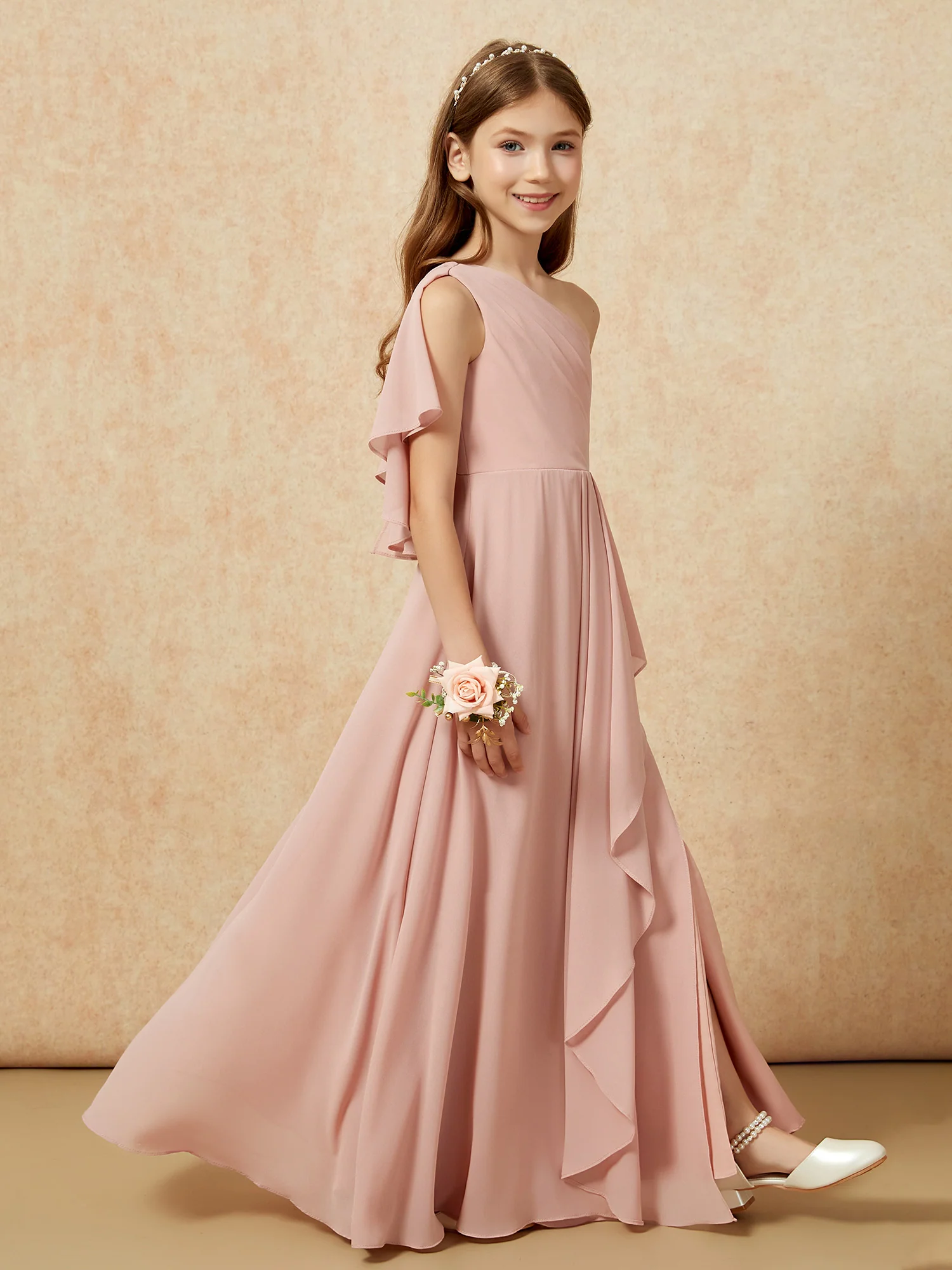 One Sholder A-line Long Chiffon Junior Bridesmaid Dress Dusty Rose - Image 6