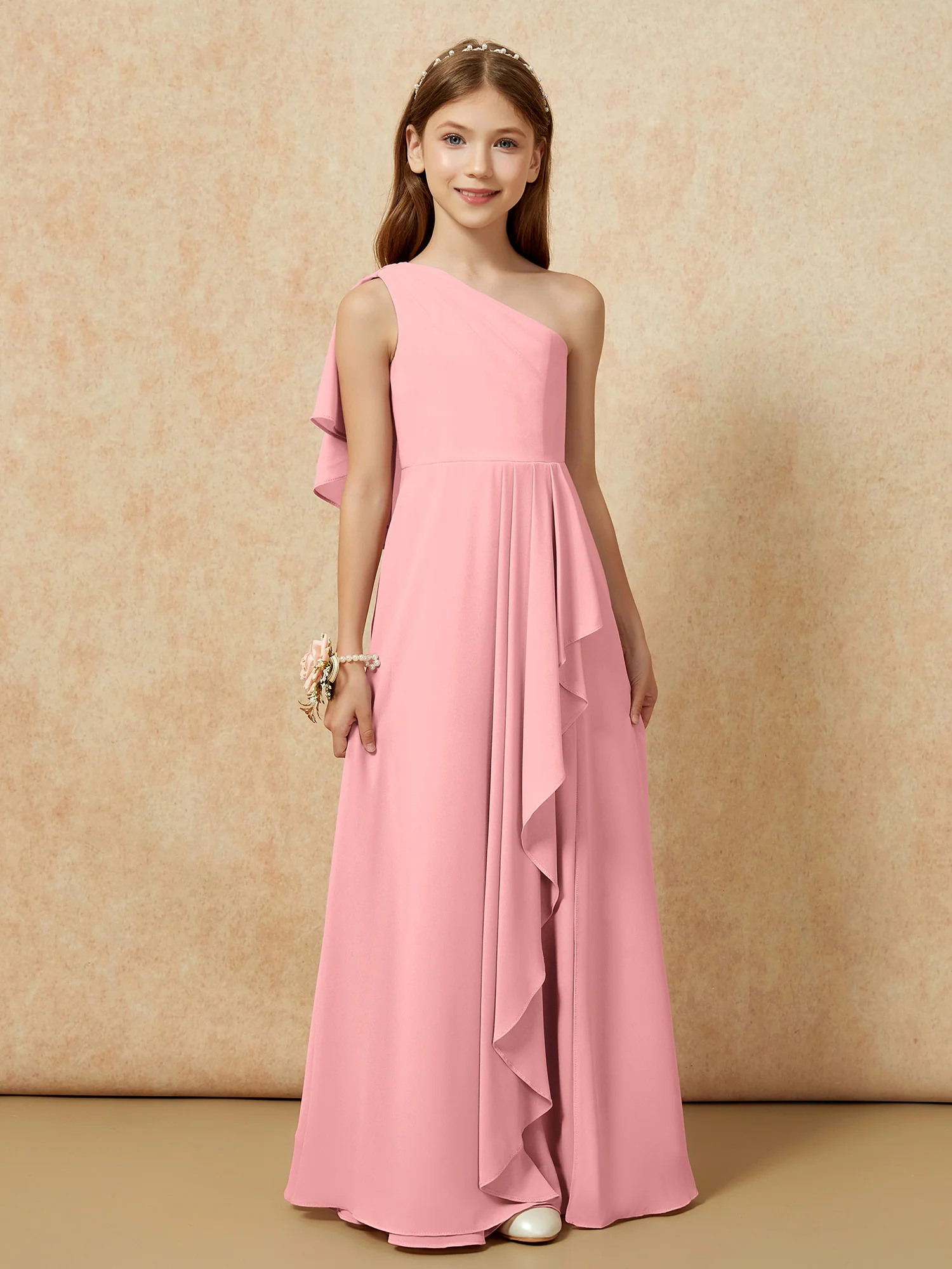 One Sholder A-line Long Chiffon Junior Bridesmaid Dress Flamingo - Image 4