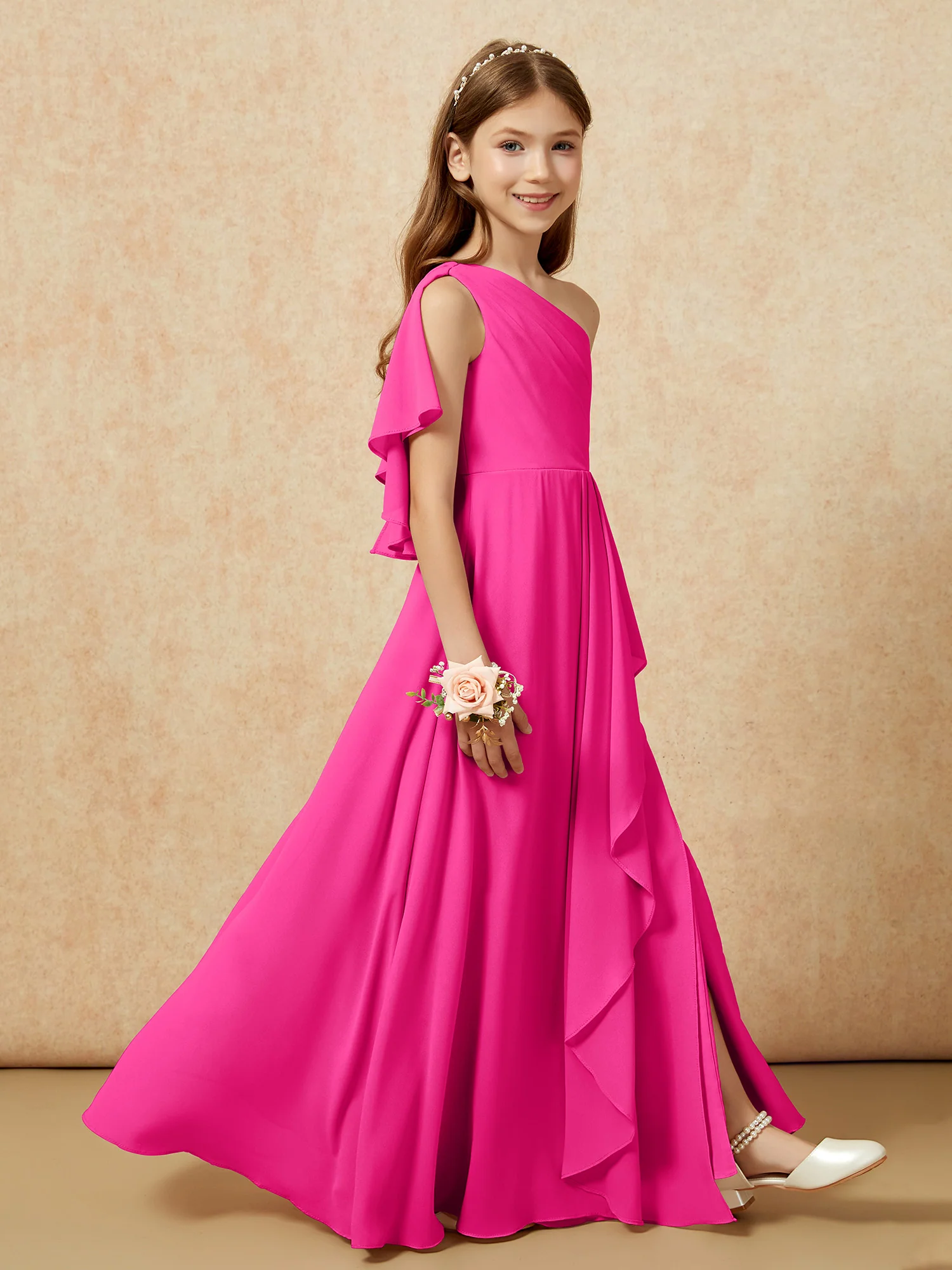 One Sholder A-line Long Chiffon Junior Bridesmaid Dress Fuchsia - Image 6