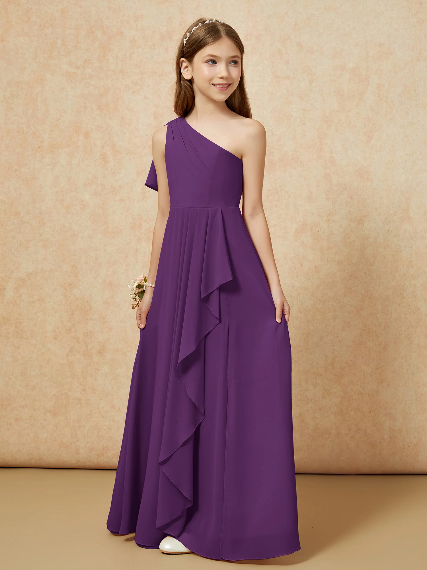 One Sholder A-line Long Chiffon Junior Bridesmaid Dress Grape - Image 5
