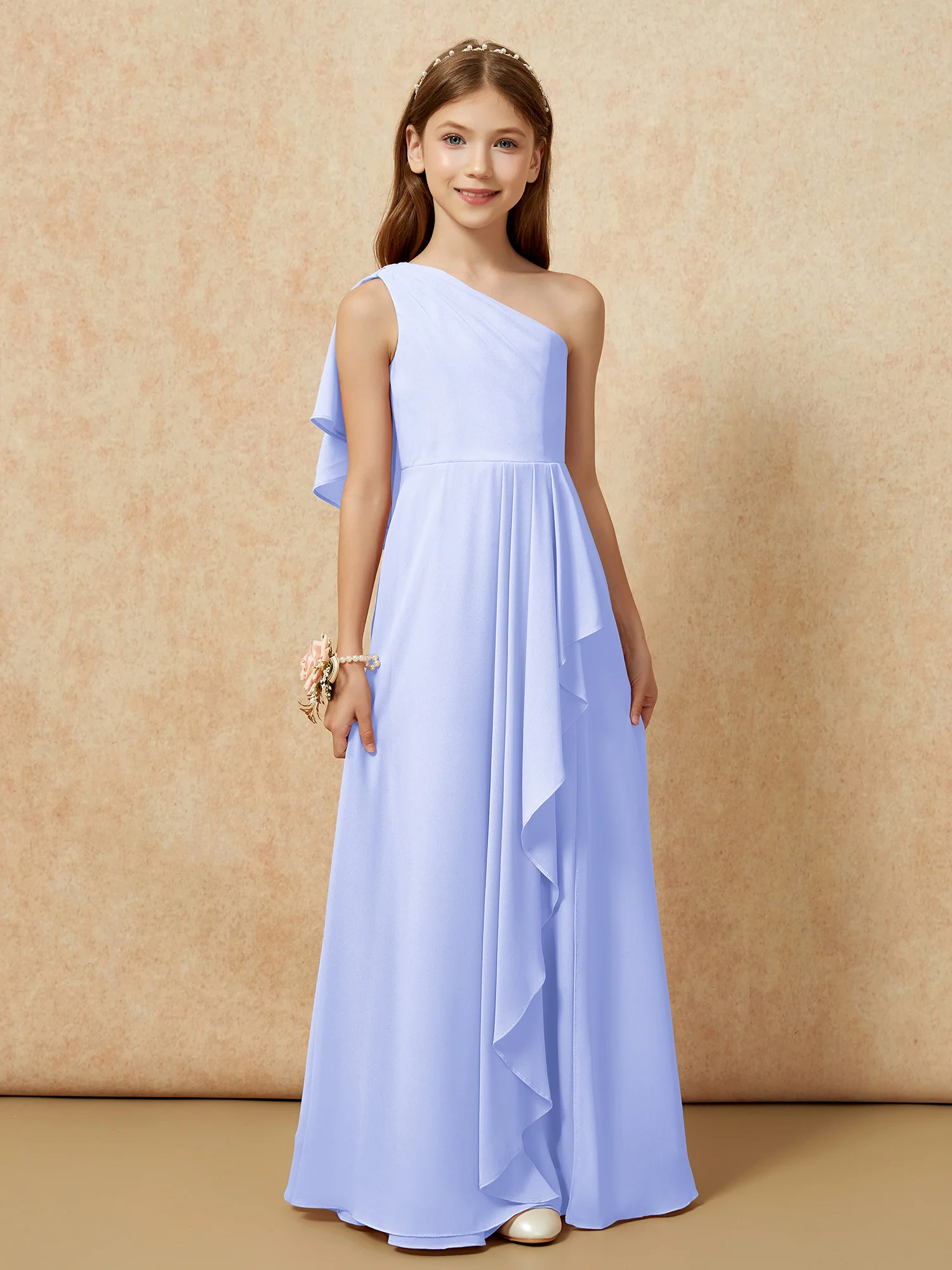 One Sholder A-line Long Chiffon Junior Bridesmaid Dress Lavender - Image 4