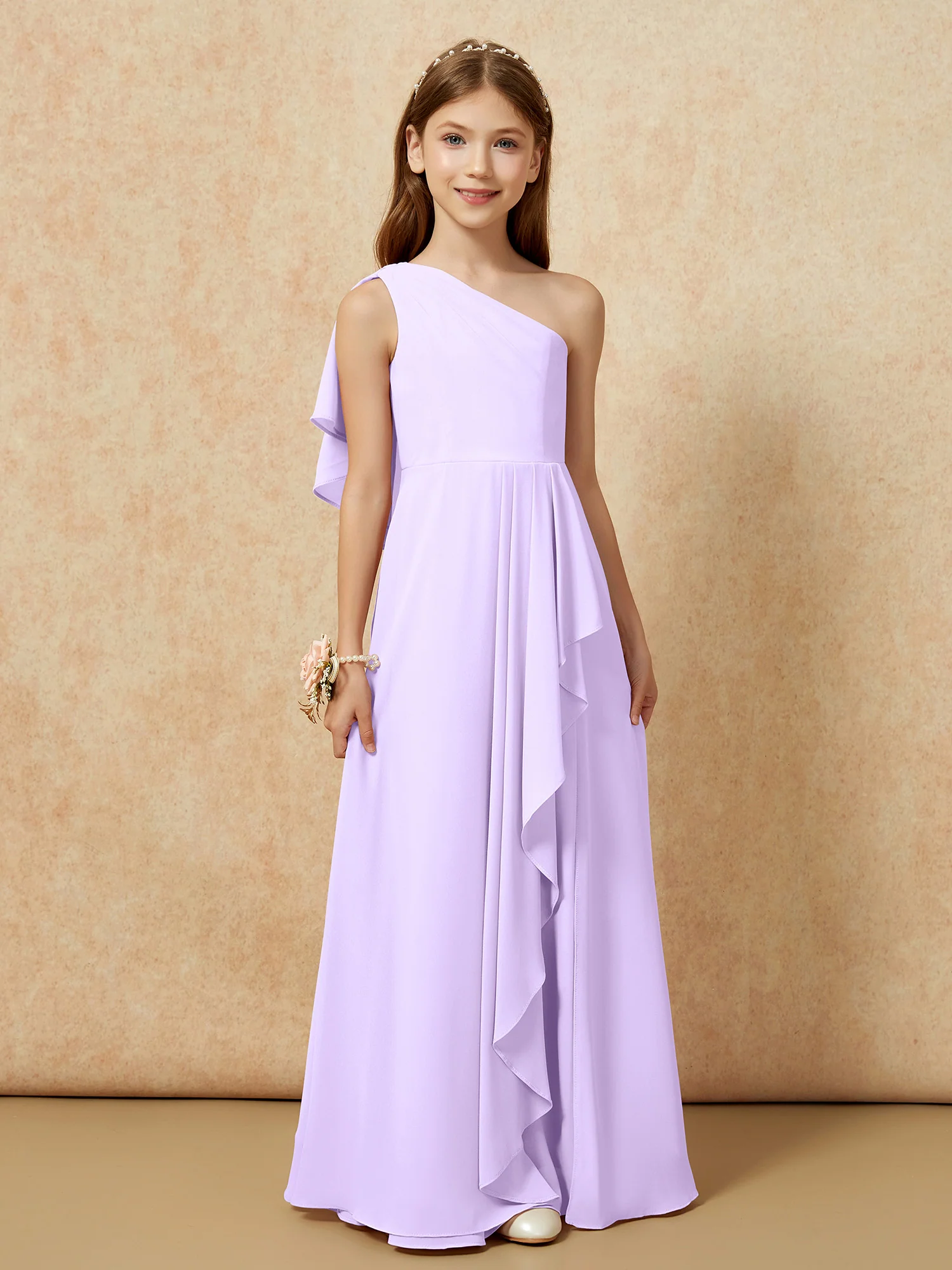 One Sholder A-line Long Chiffon Junior Bridesmaid Dress Lilac - Image 4