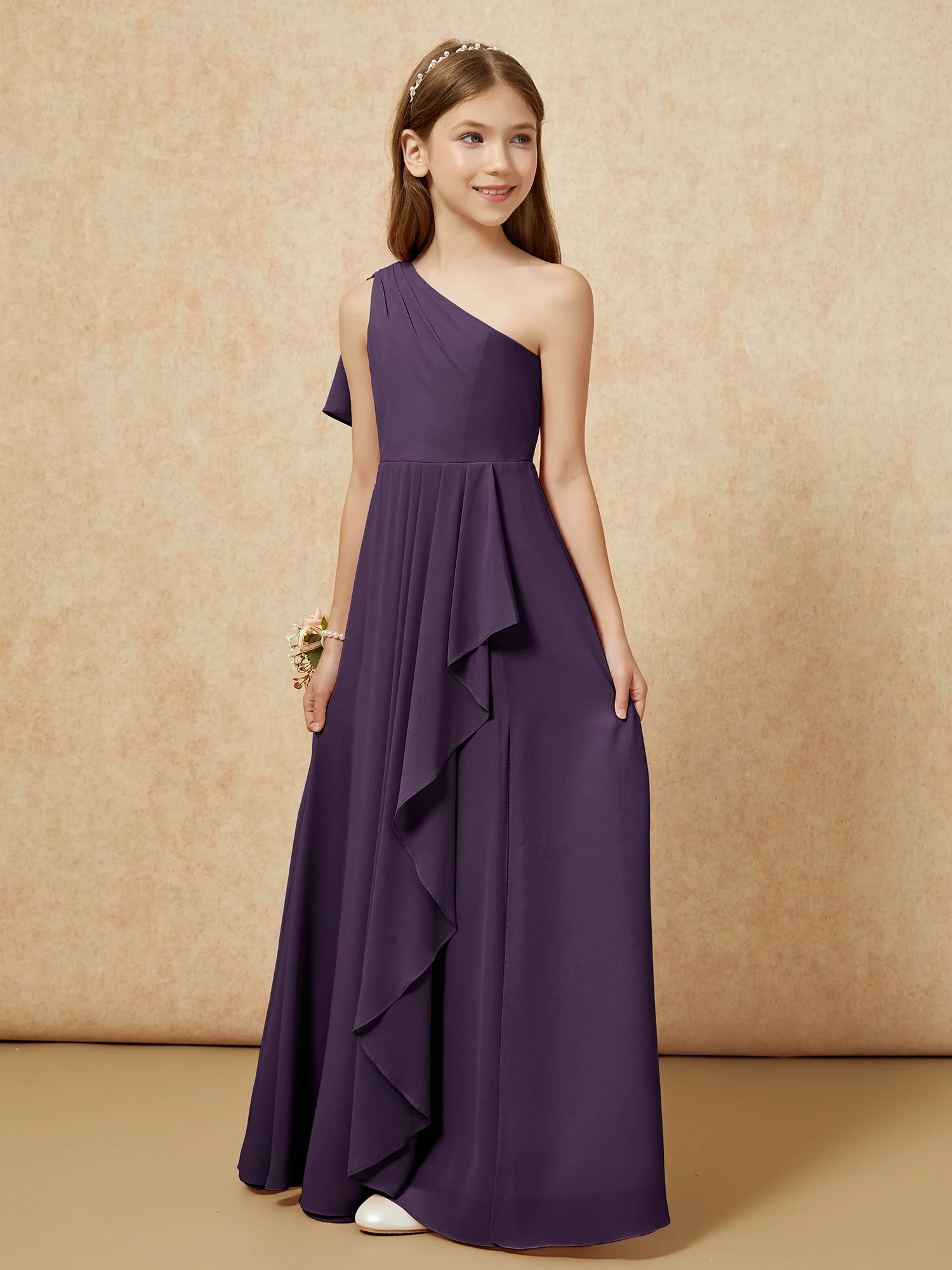One Sholder A-line Long Chiffon Junior Bridesmaid Dress Plum - Image 6