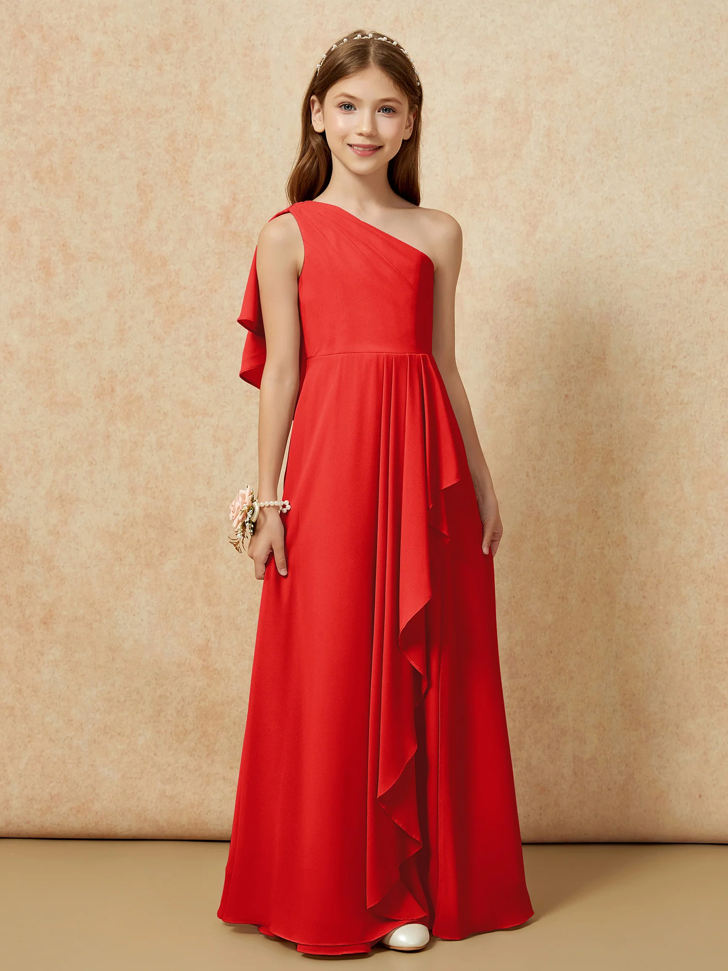 One Sholder A-line Long Chiffon Junior Bridesmaid Dress Red - Image 4
