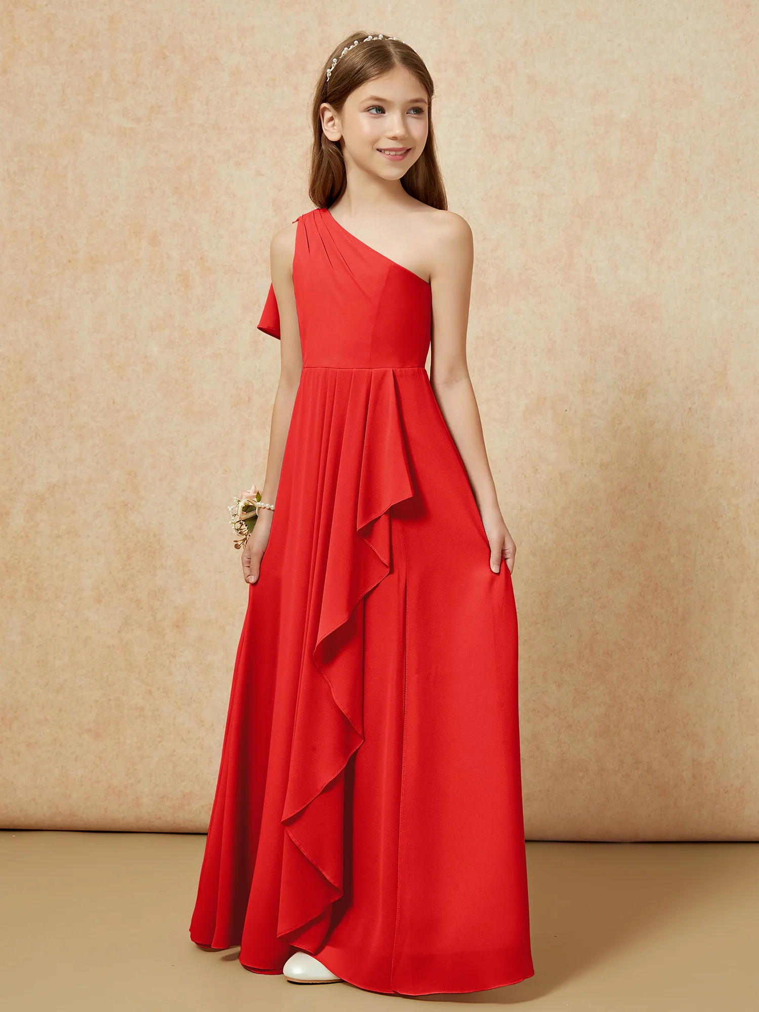 One Sholder A-line Long Chiffon Junior Bridesmaid Dress Red - Image 5