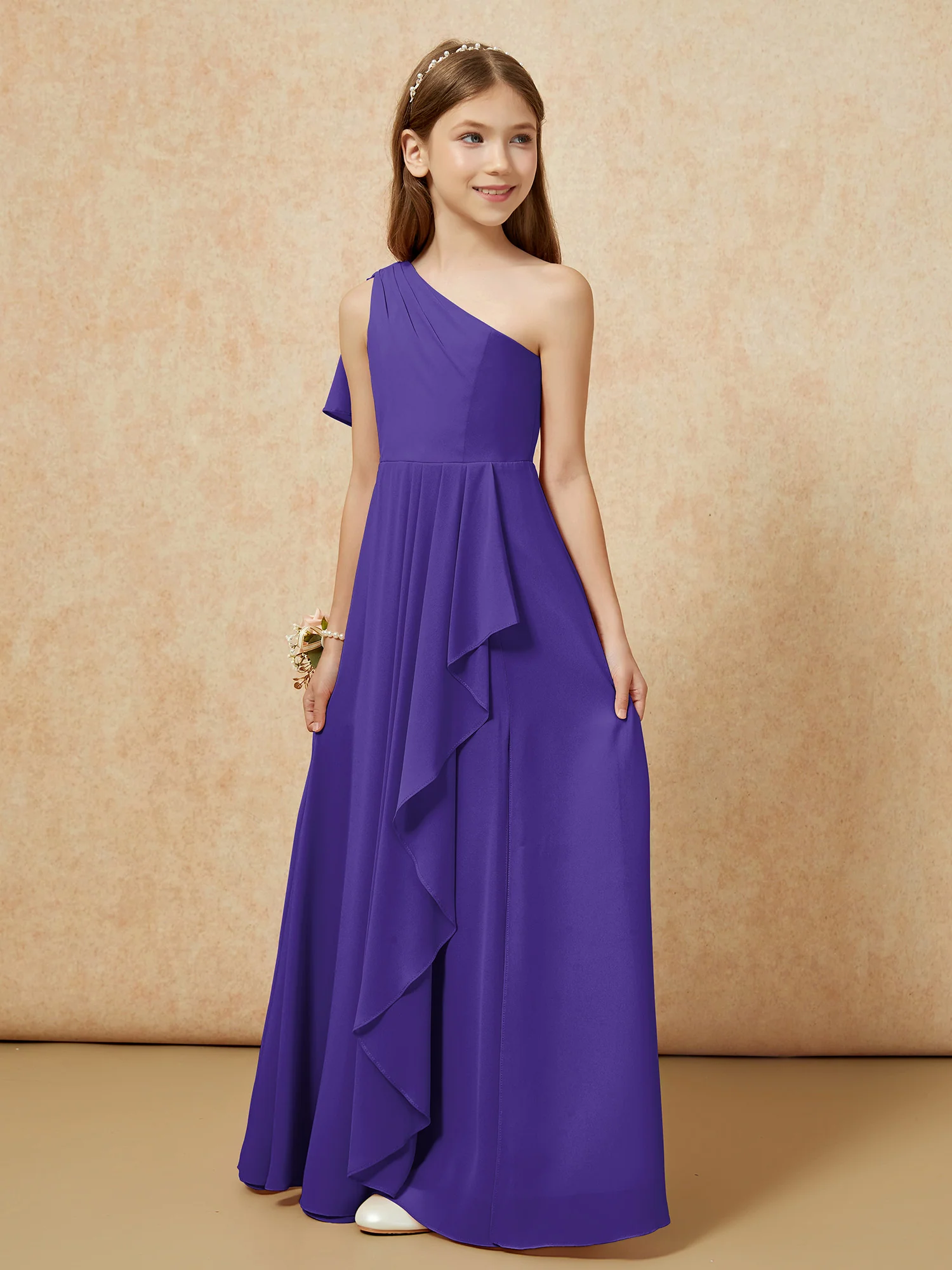 One Sholder A-line Long Chiffon Junior Bridesmaid Dress Regency - Image 5