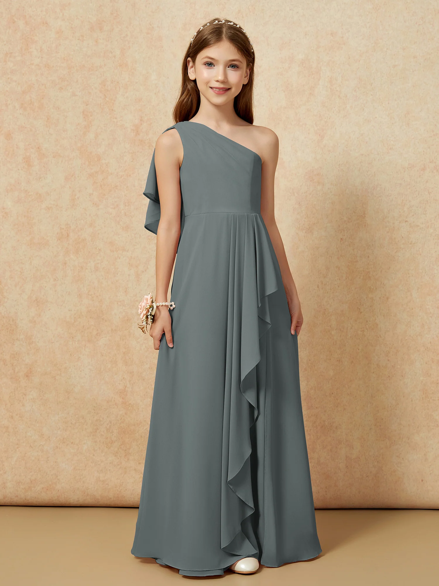 One Sholder A-line Long Chiffon Junior Bridesmaid Dress Steel Grey - Image 4