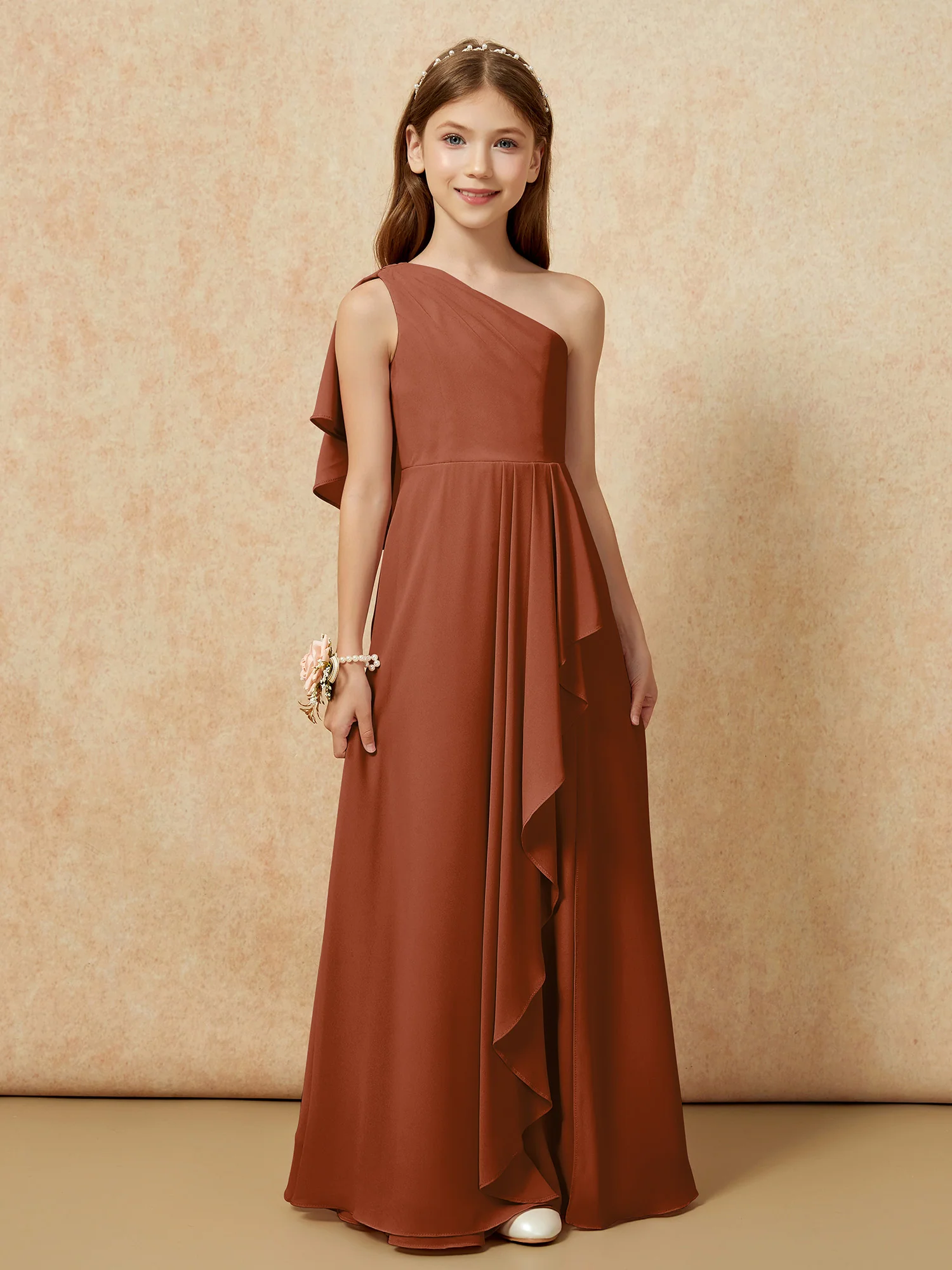 One Sholder A-line Long Chiffon Junior Bridesmaid Dress Terracotta - Image 4