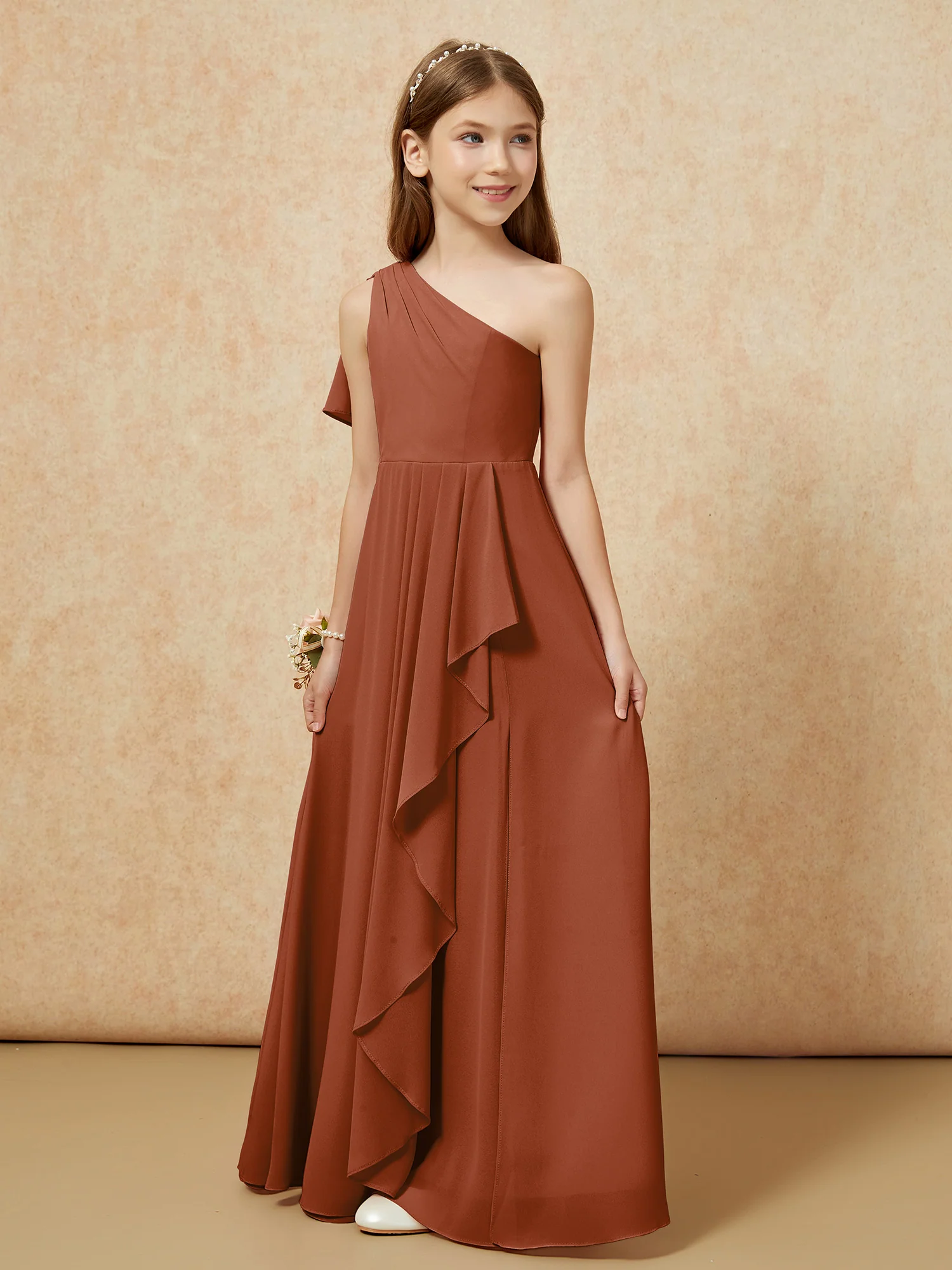 One Sholder A-line Long Chiffon Junior Bridesmaid Dress Terracotta - Image 5